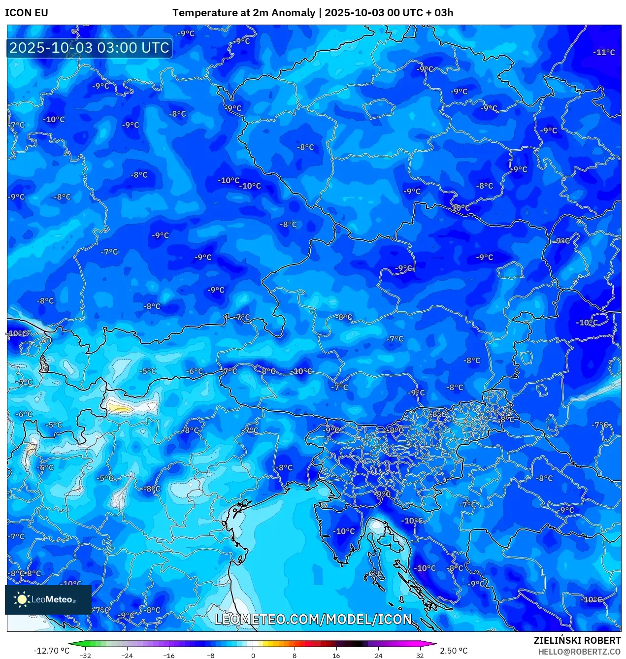 ICON model - Austria, Temperature at 2m Anomaly