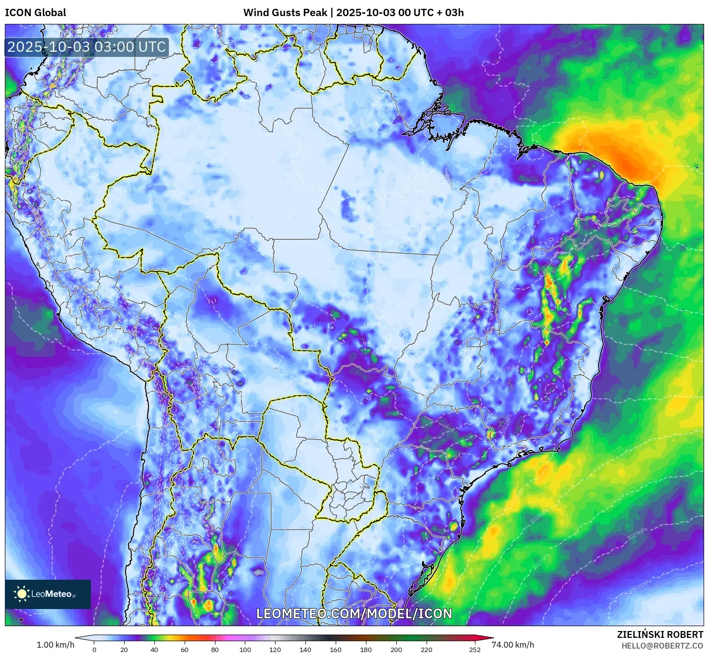 ICON model - Brazil, Wind Gusts Peak