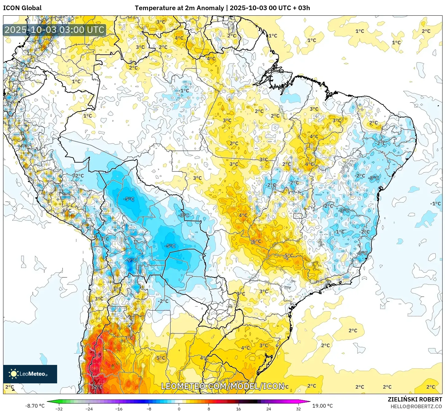 ICON model - Brazil, Temperature at 2m Anomaly