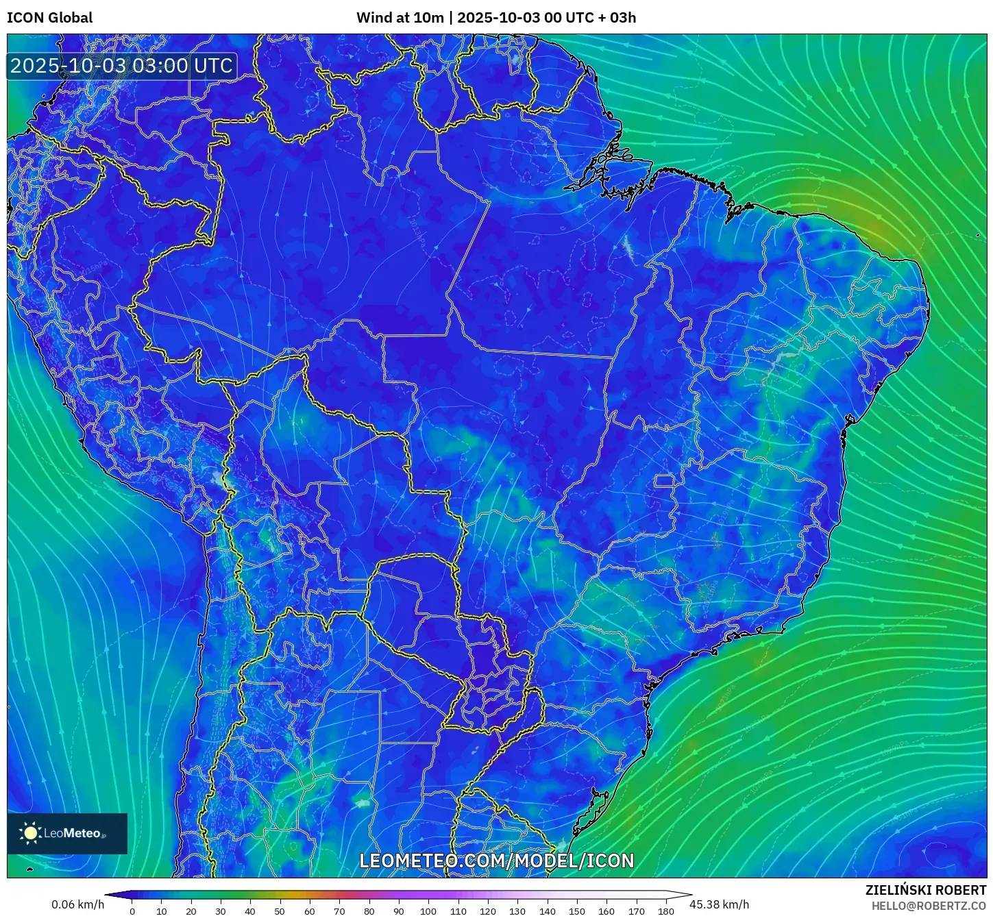 ICON model - Brazil, Wind at 10m