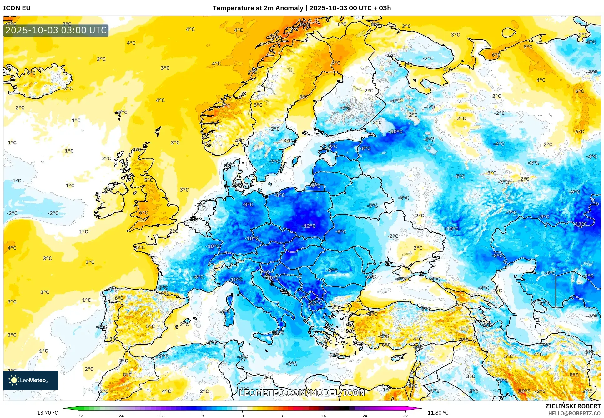 ICON model - Europe, Temperature at 2m Anomaly