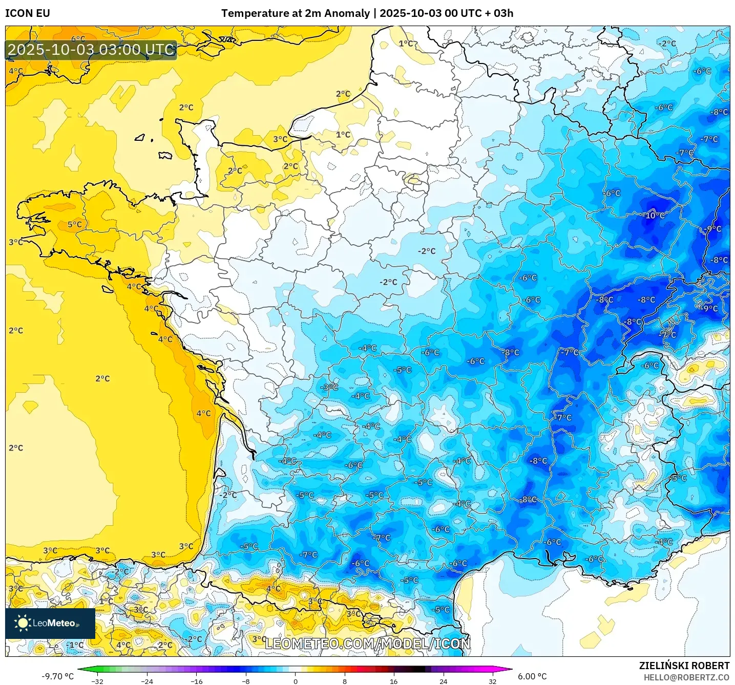 ICON model - France, Temperature at 2m Anomaly