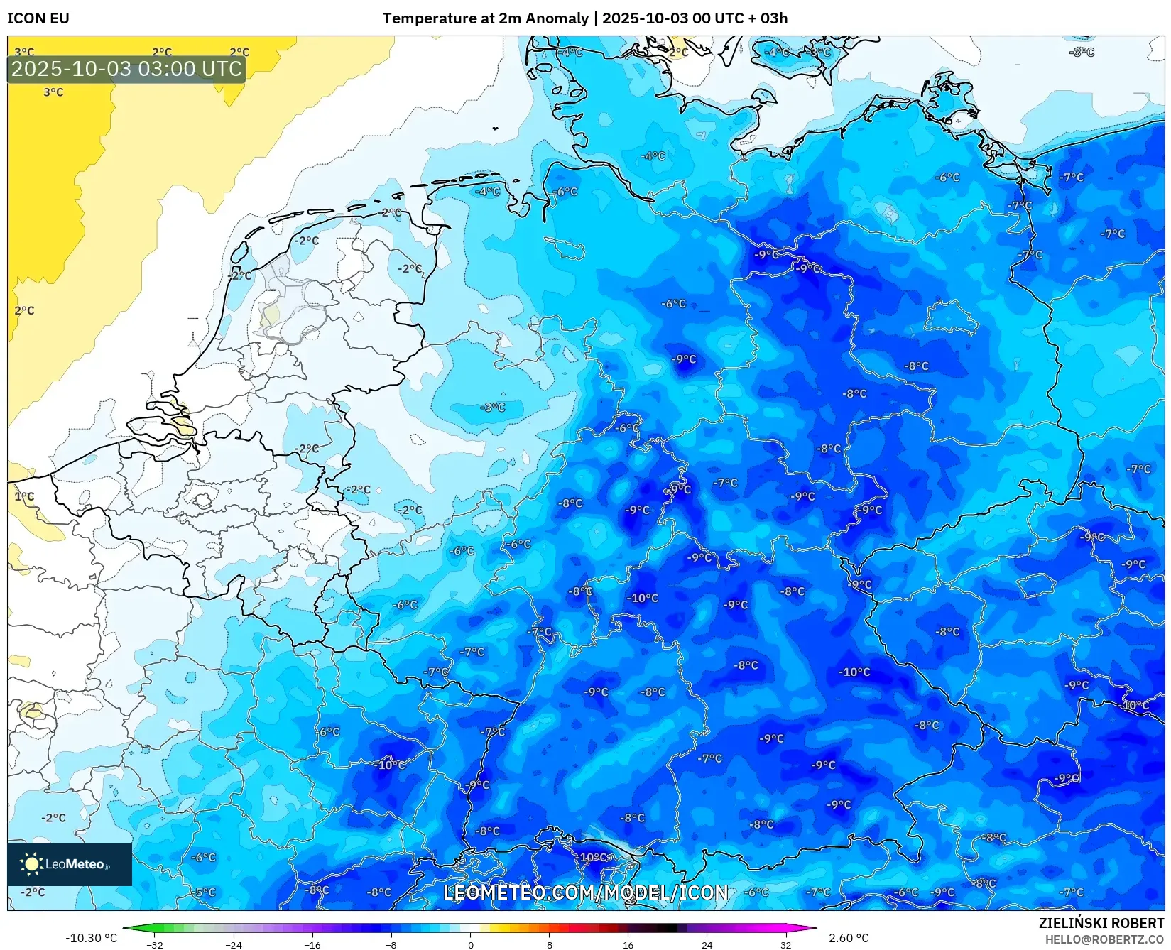 ICON model - Germany, Temperature at 2m Anomaly