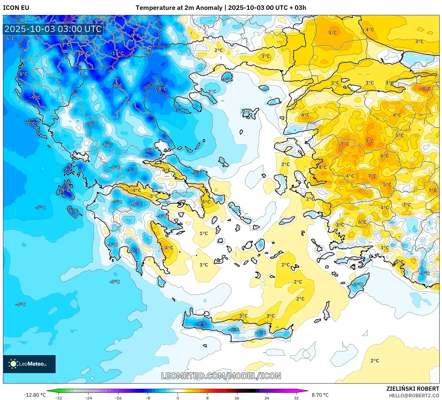 ICON model - Greece, Temperature at 2m Anomaly