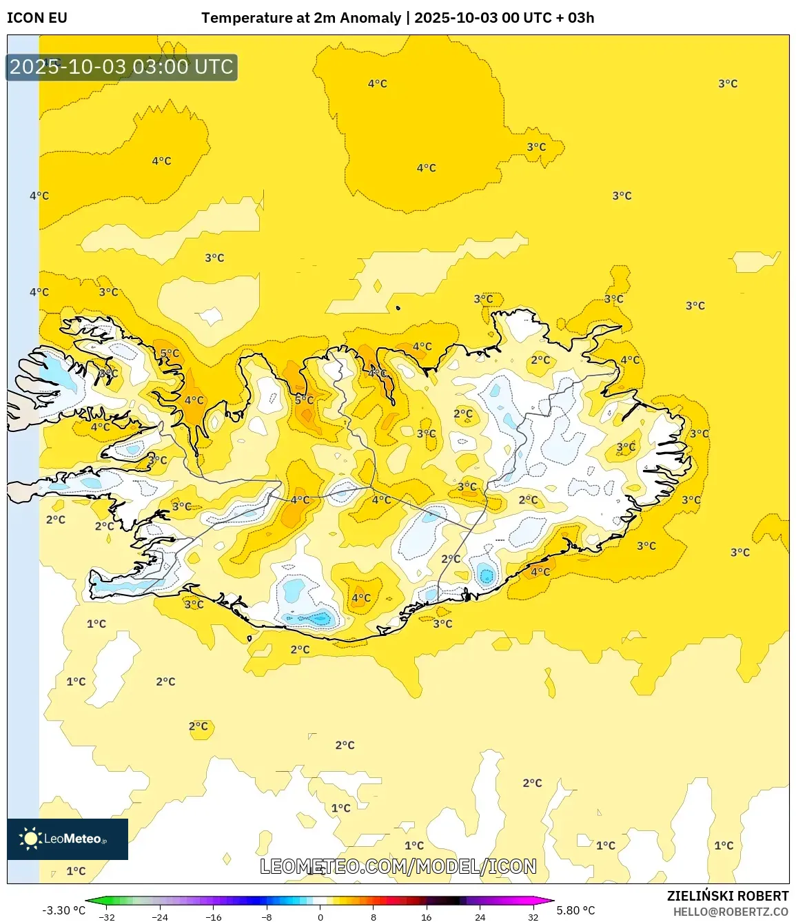 ICON model - Iceland, Temperature at 2m Anomaly