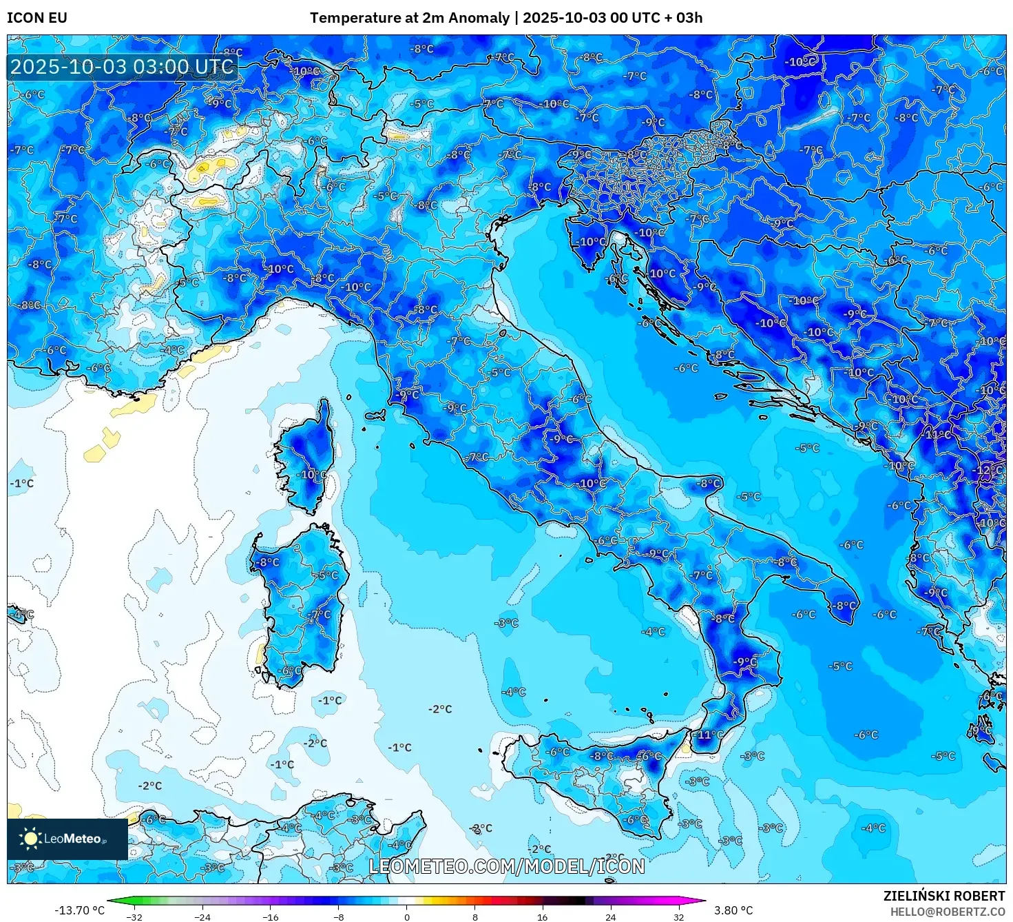 ICON model - Italy, Temperature at 2m Anomaly