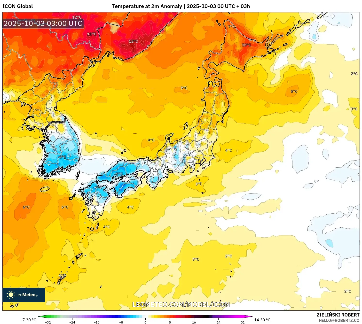 ICON model - Japan, Temperature at 2m Anomaly