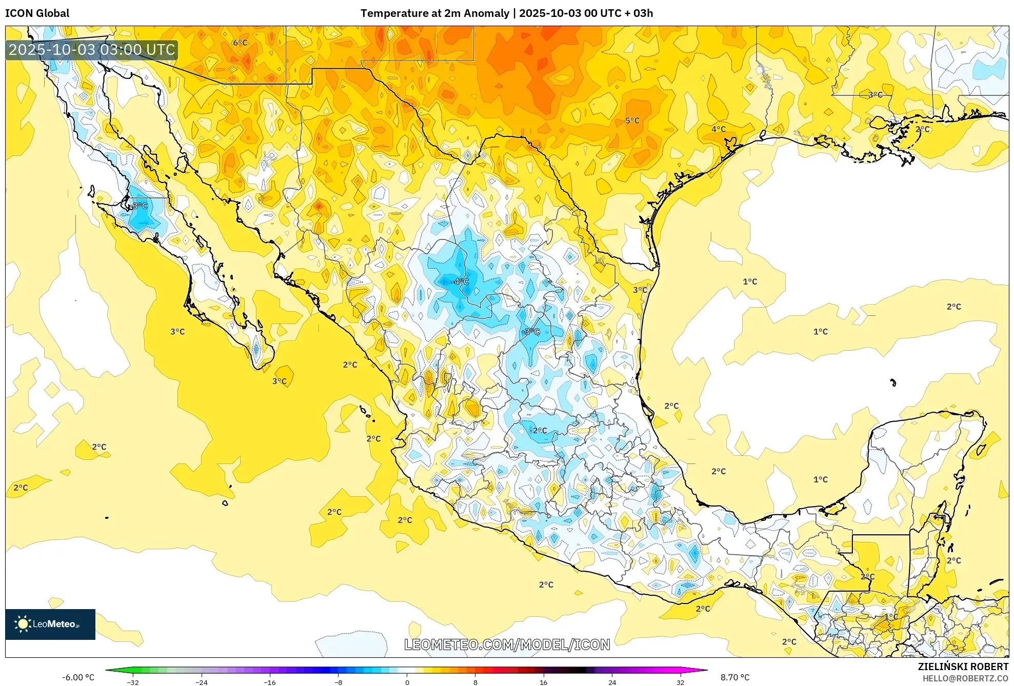 ICON model - Mexico, Temperature at 2m Anomaly