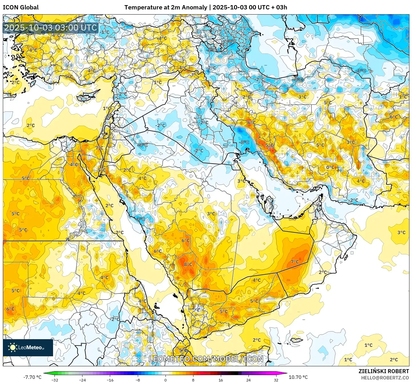 ICON model - Middle East, Temperature at 2m Anomaly