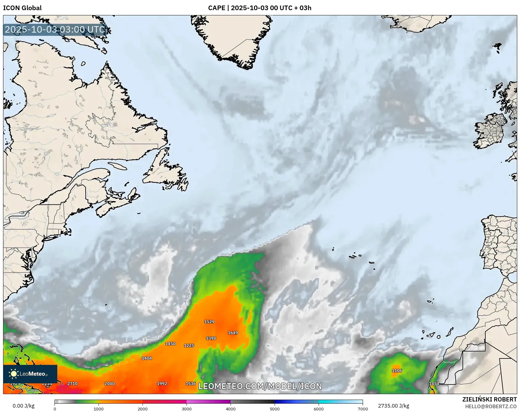 ICON model - North Atlantic, CAPE