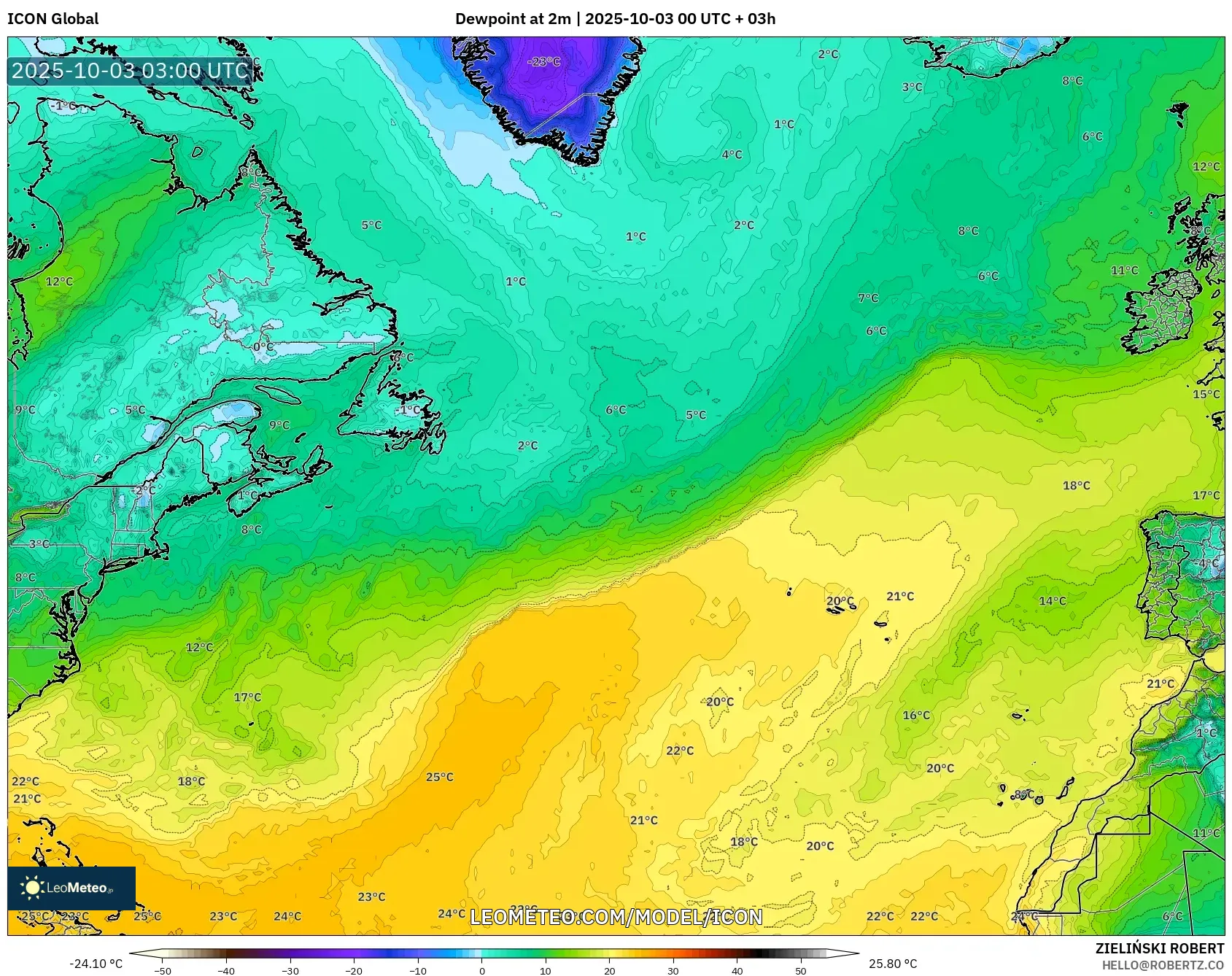 ICON model - North Atlantic, Dewpoint at 2m