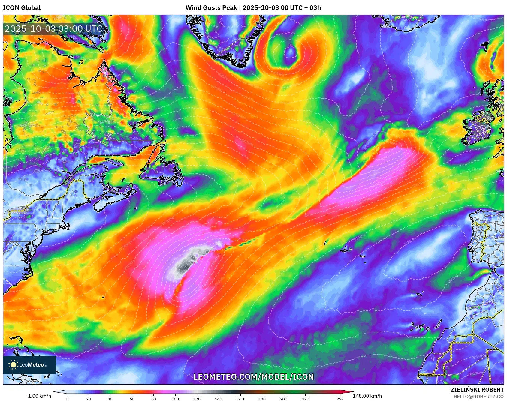 ICON model - North Atlantic, Wind Gusts Peak