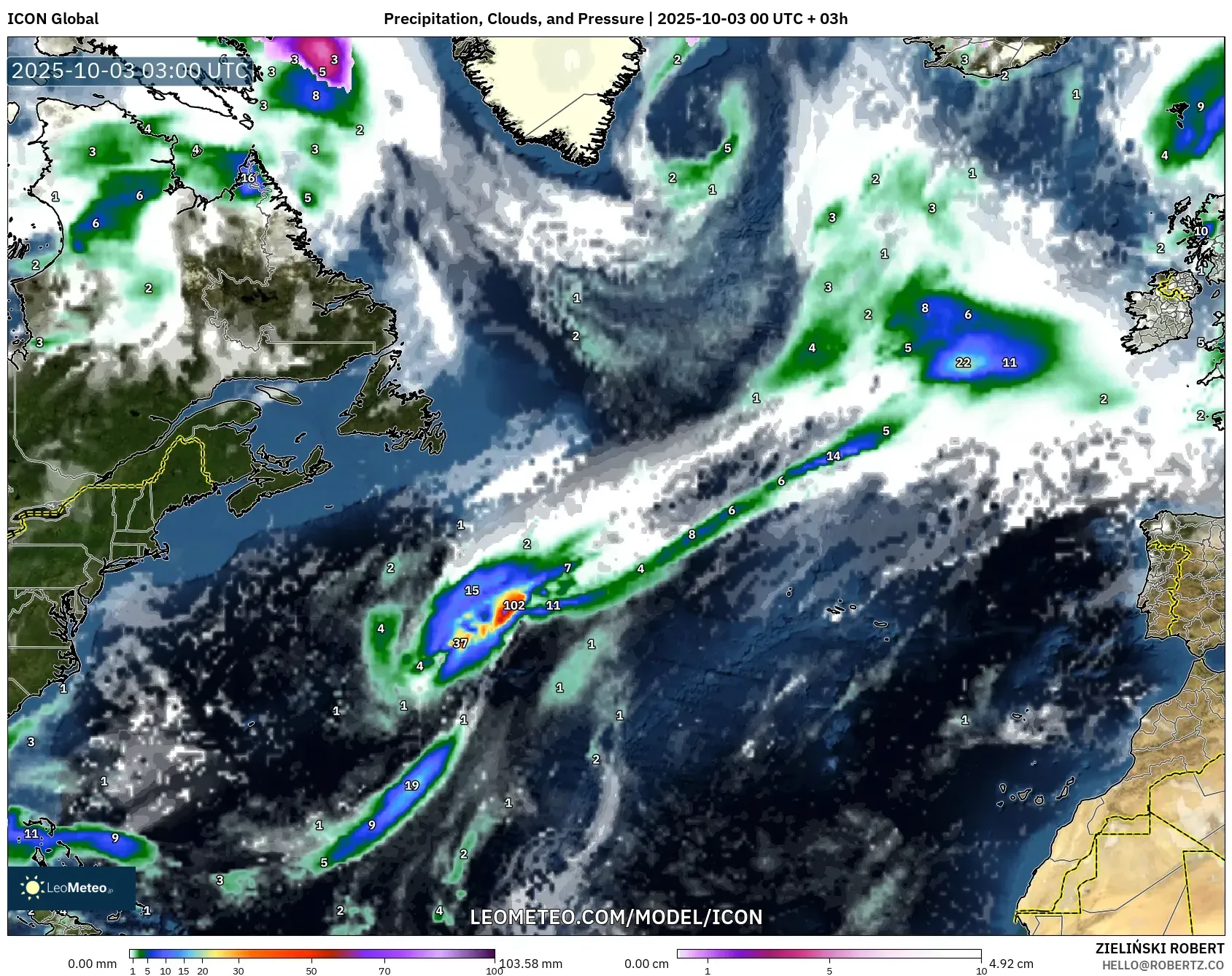 ICON model - North Atlantic, Precipitation, Clouds, and Pressure