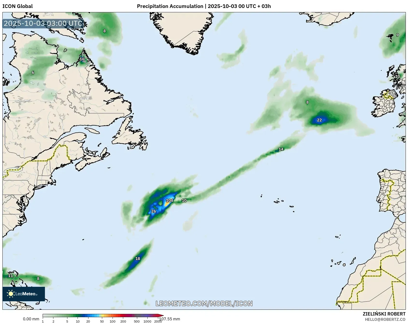 ICON model - North Atlantic, Precipitation Accumulation