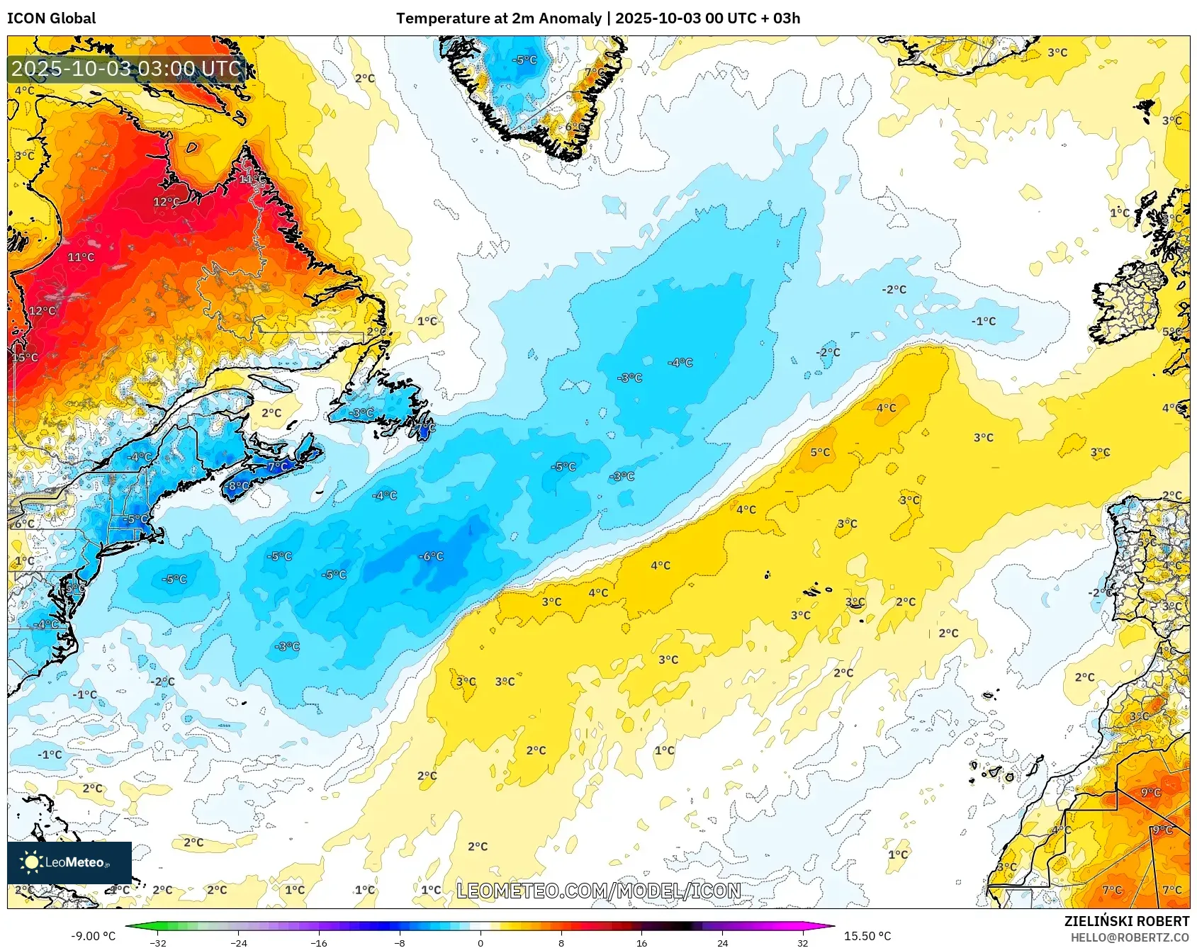 ICON model - North Atlantic, Temperature at 2m Anomaly