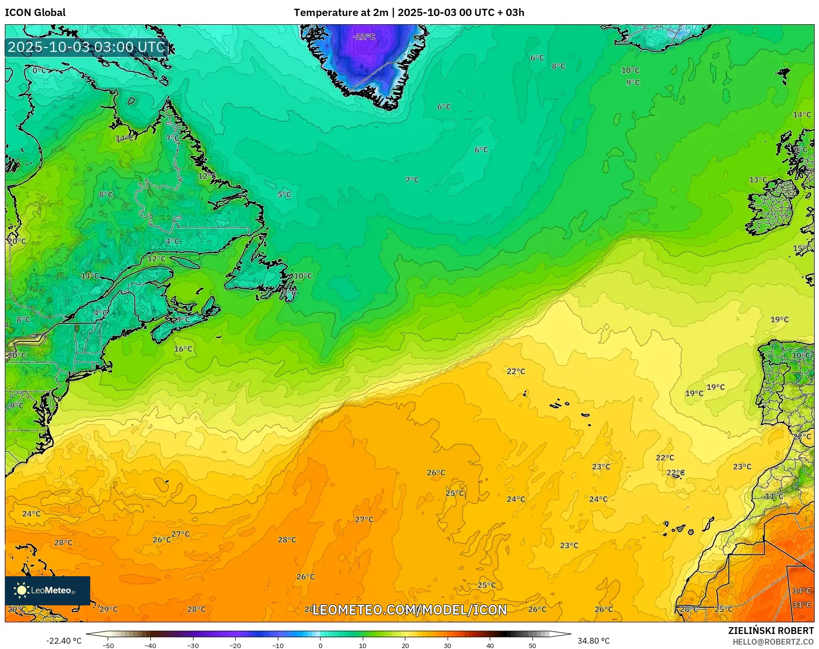 ICON model - North Atlantic, Temperature at 2m