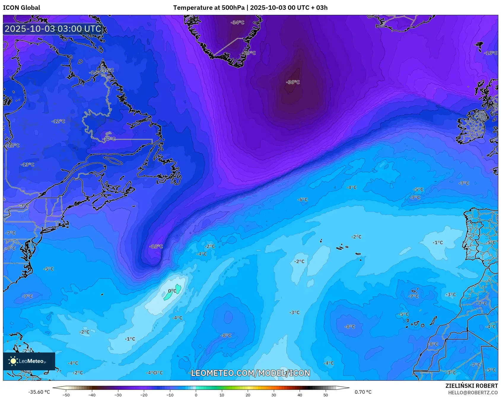 ICON model - North Atlantic, Temperature at 500hPa