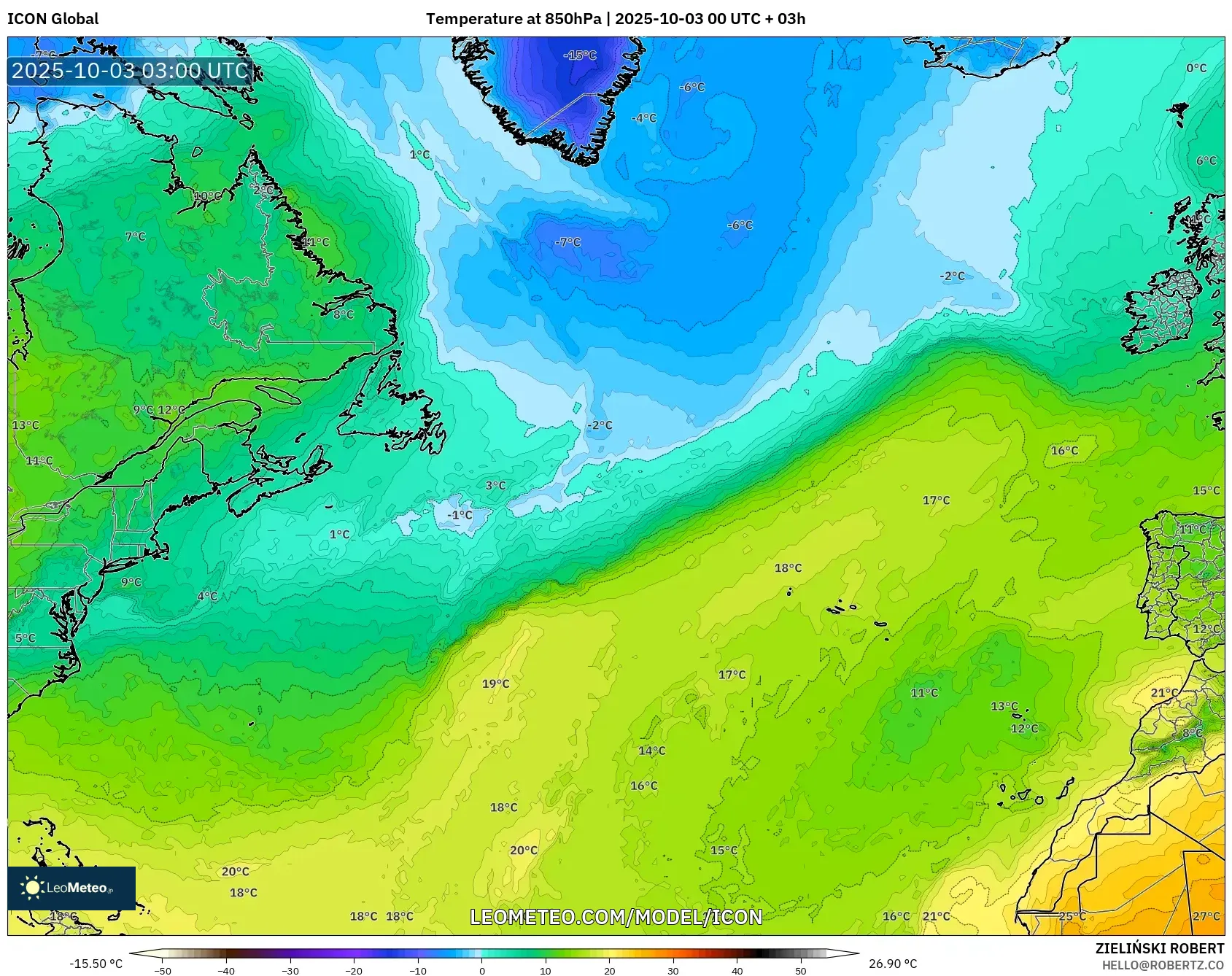 ICON model - North Atlantic, Temperature at 850hPa