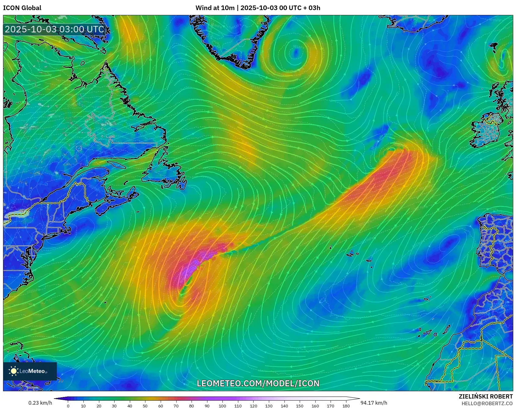 ICON model - North Atlantic, Wind at 10m