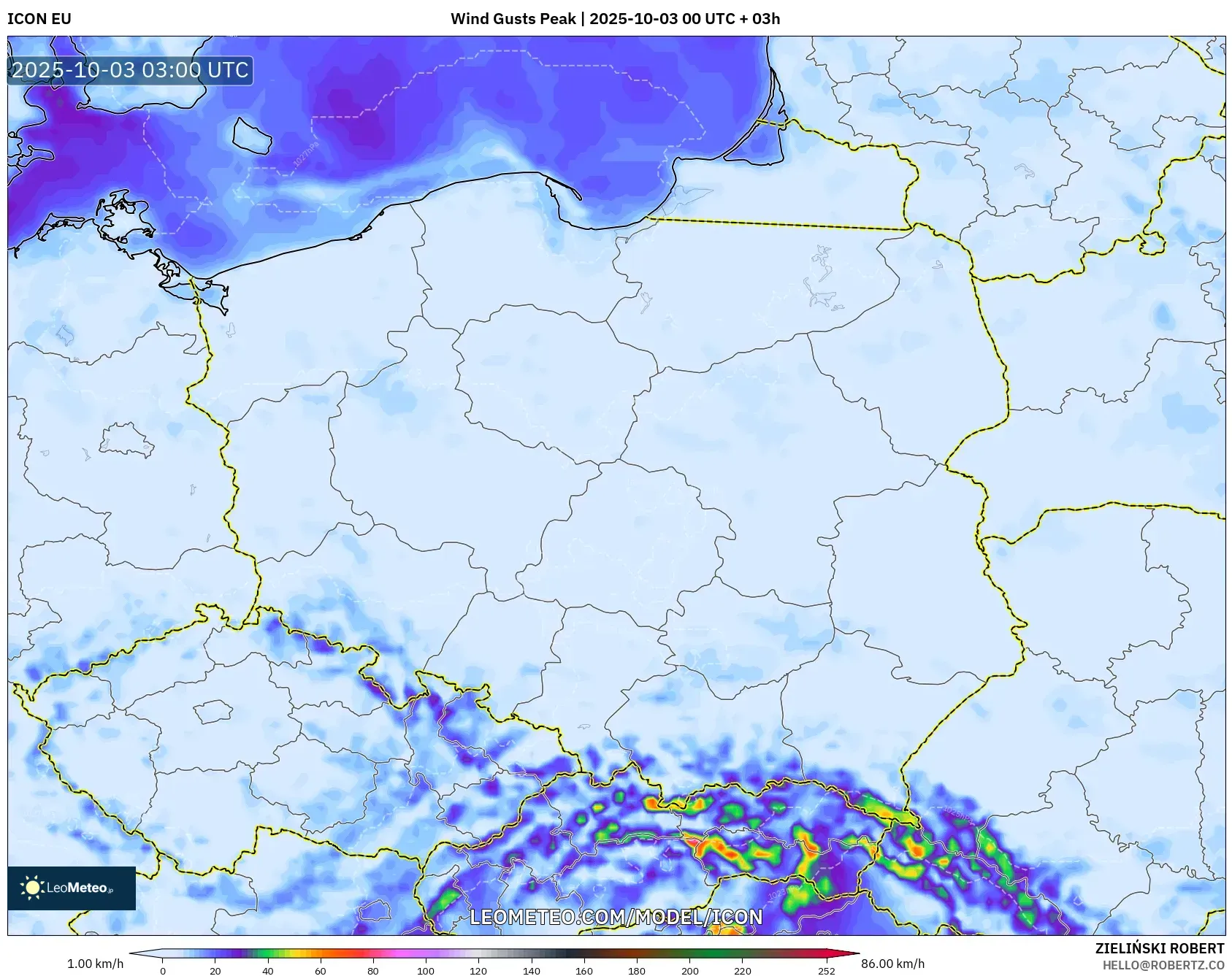 ICON model - Poland, Wind Gusts Peak