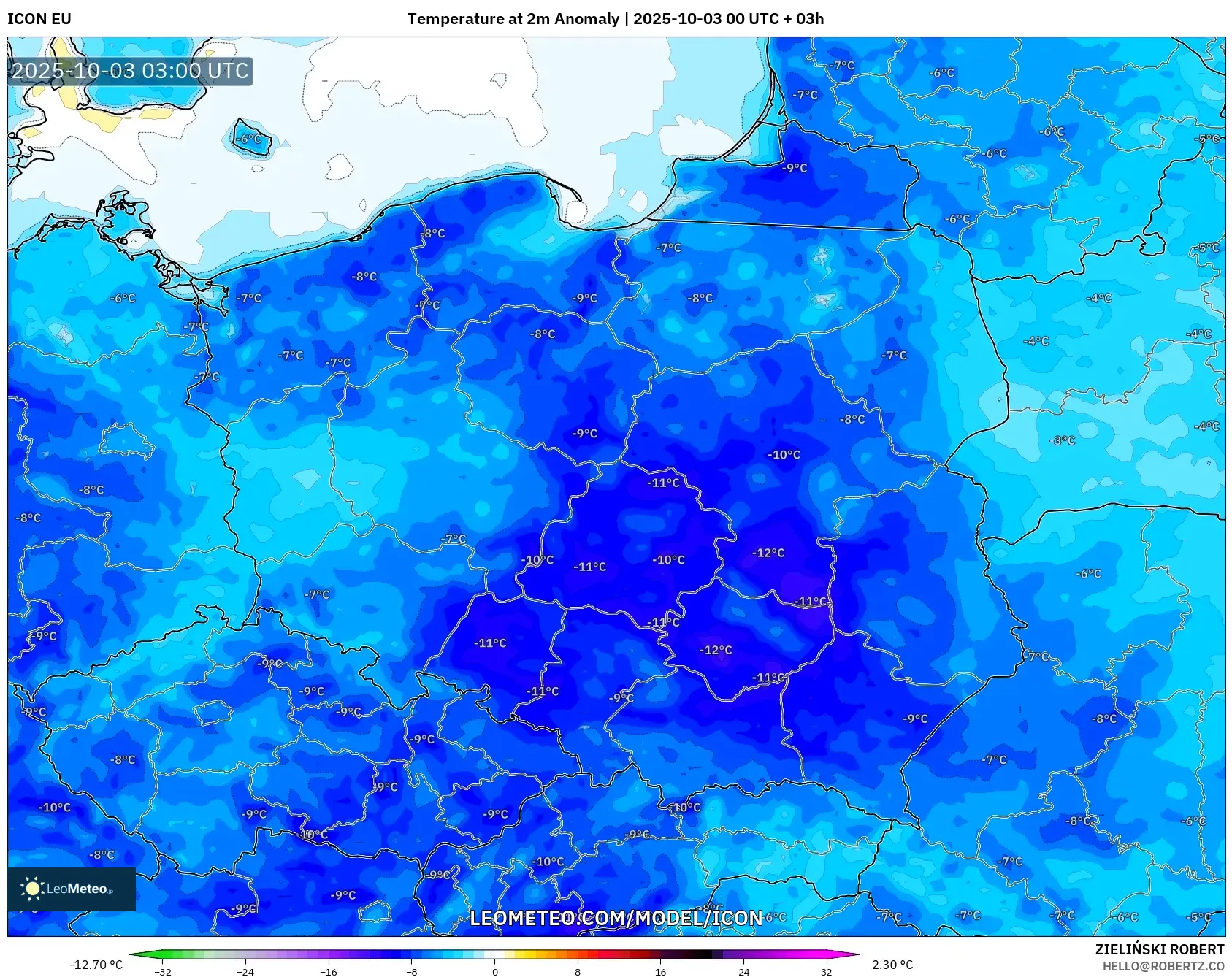 ICON model - Poland, Temperature at 2m Anomaly