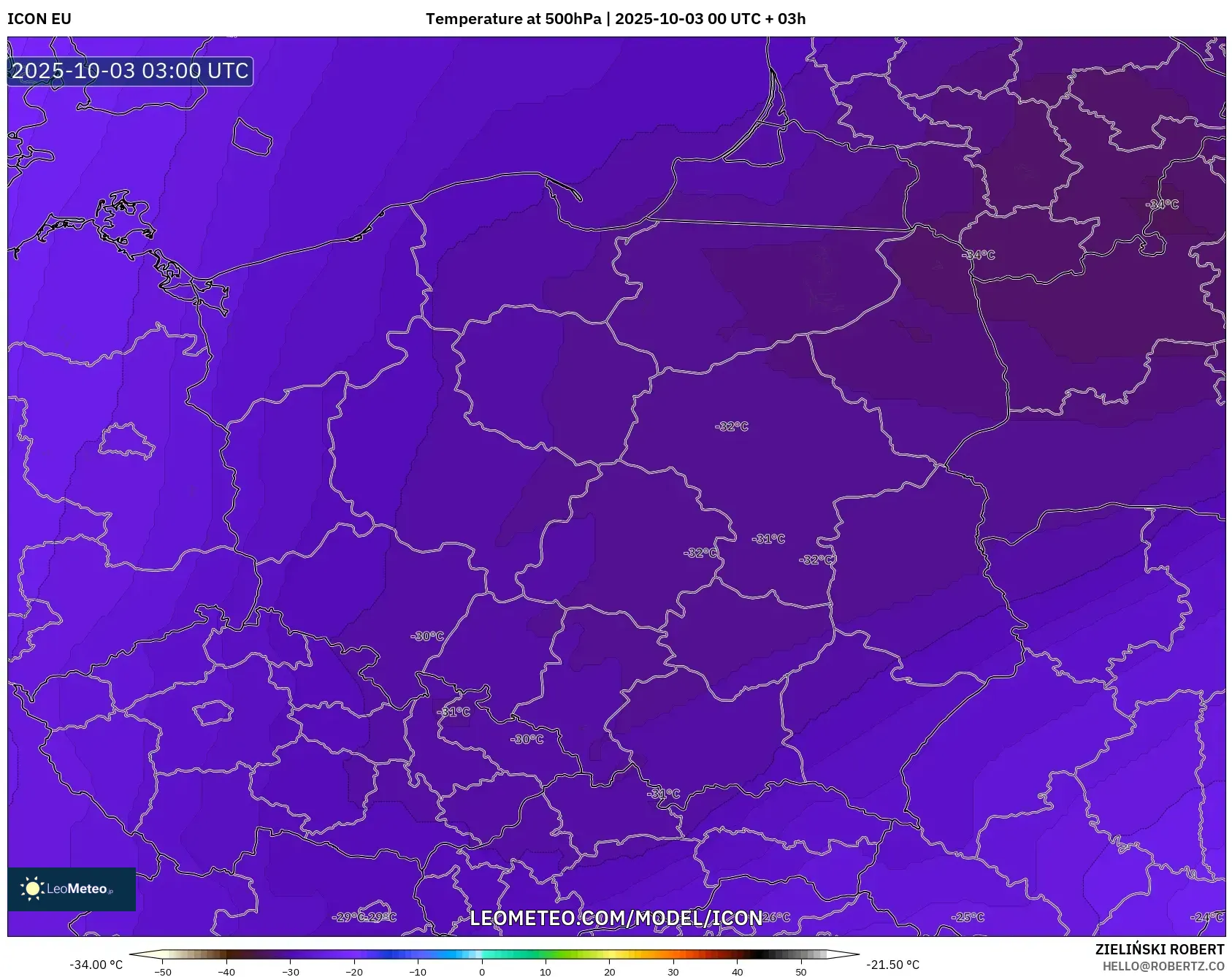ICON model - Poland, Temperature at 500hPa