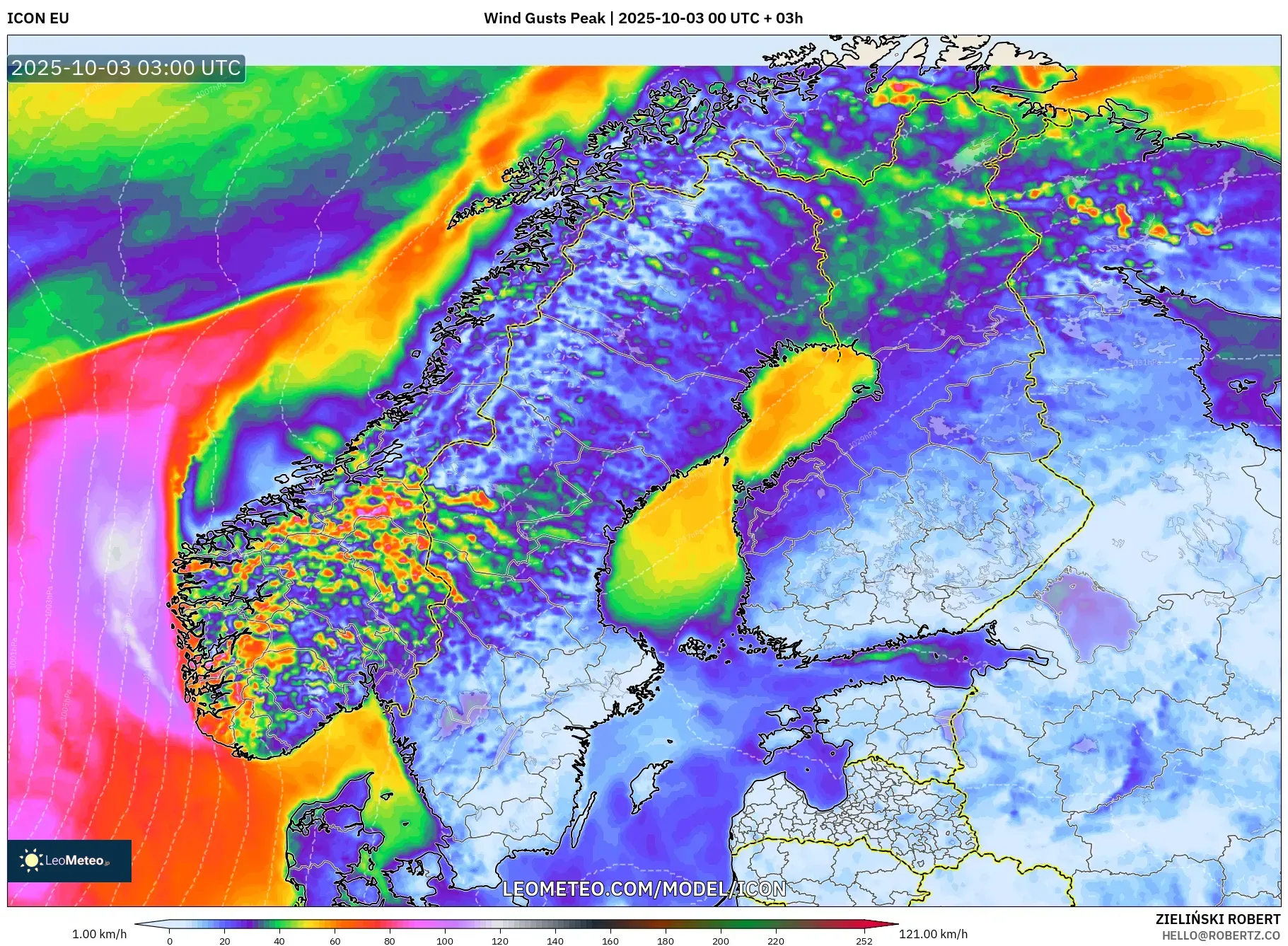 ICON model - Scandinavia, Wind Gusts Peak