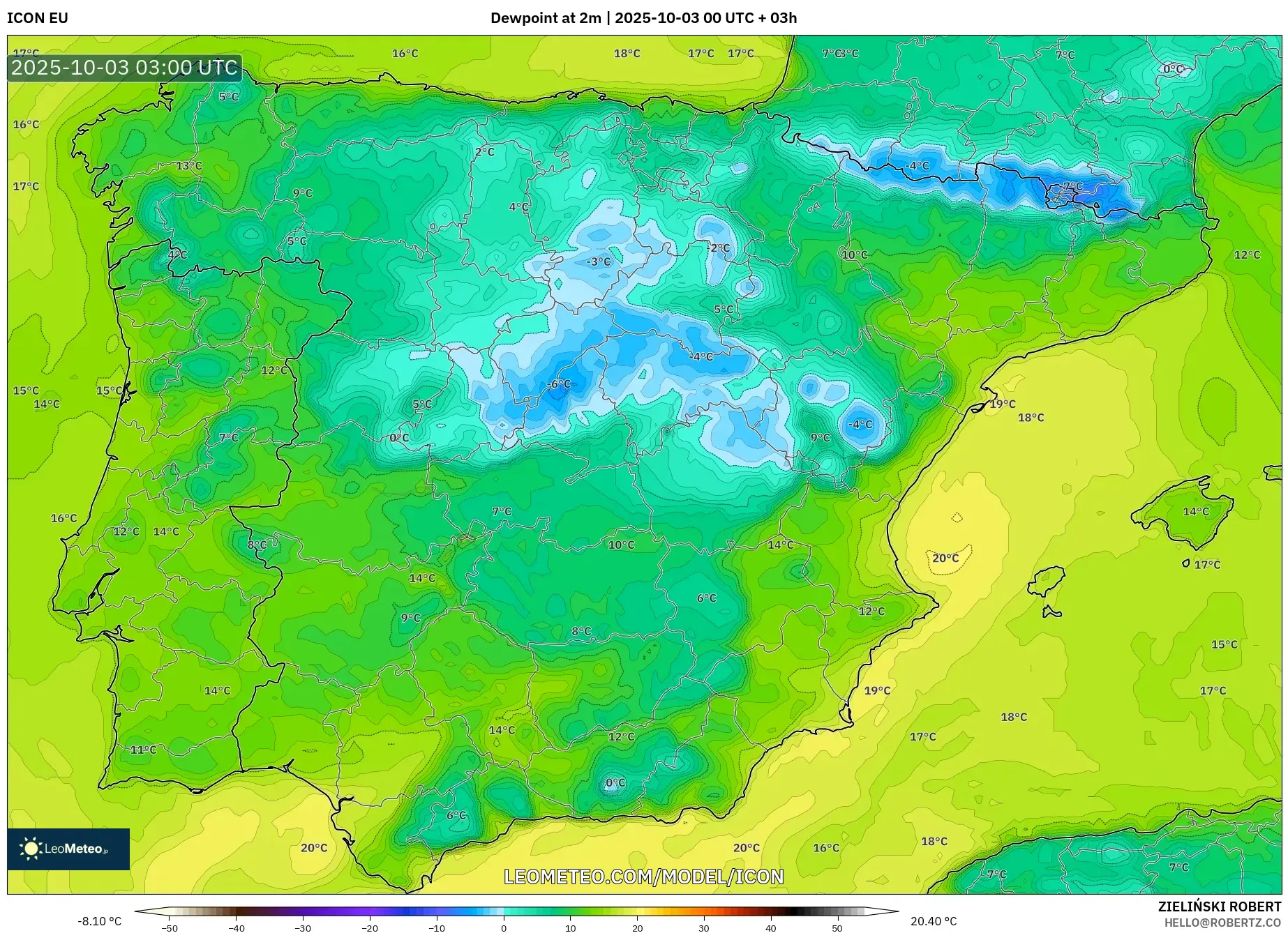 ICON model - Spain, Dewpoint at 2m
