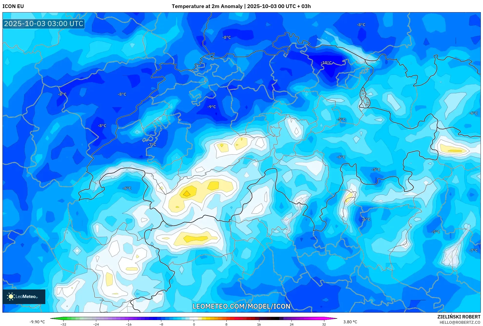 ICON model - Switzerland, Temperature at 2m Anomaly