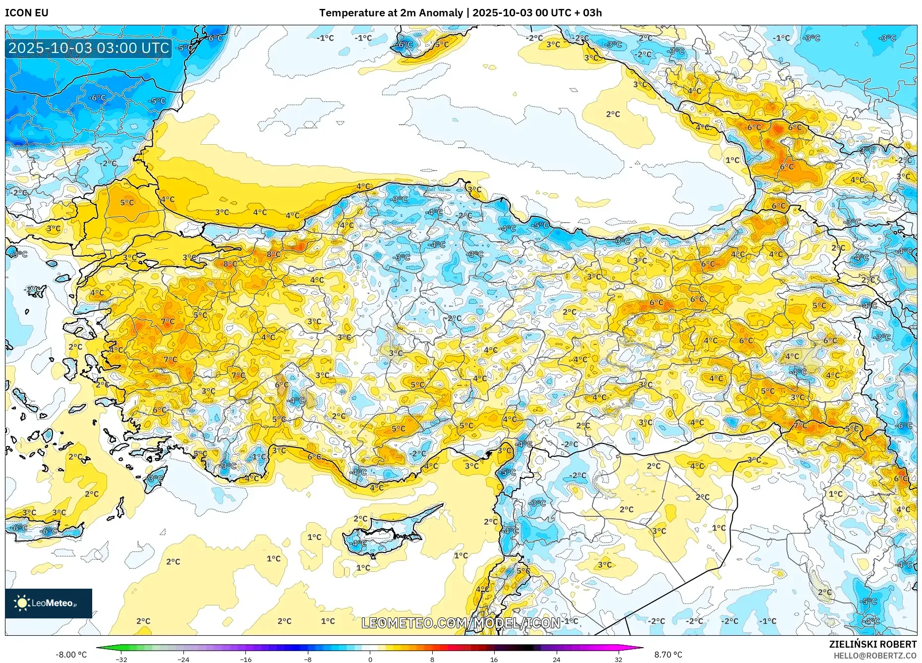 ICON model - Turkey, Temperature at 2m Anomaly