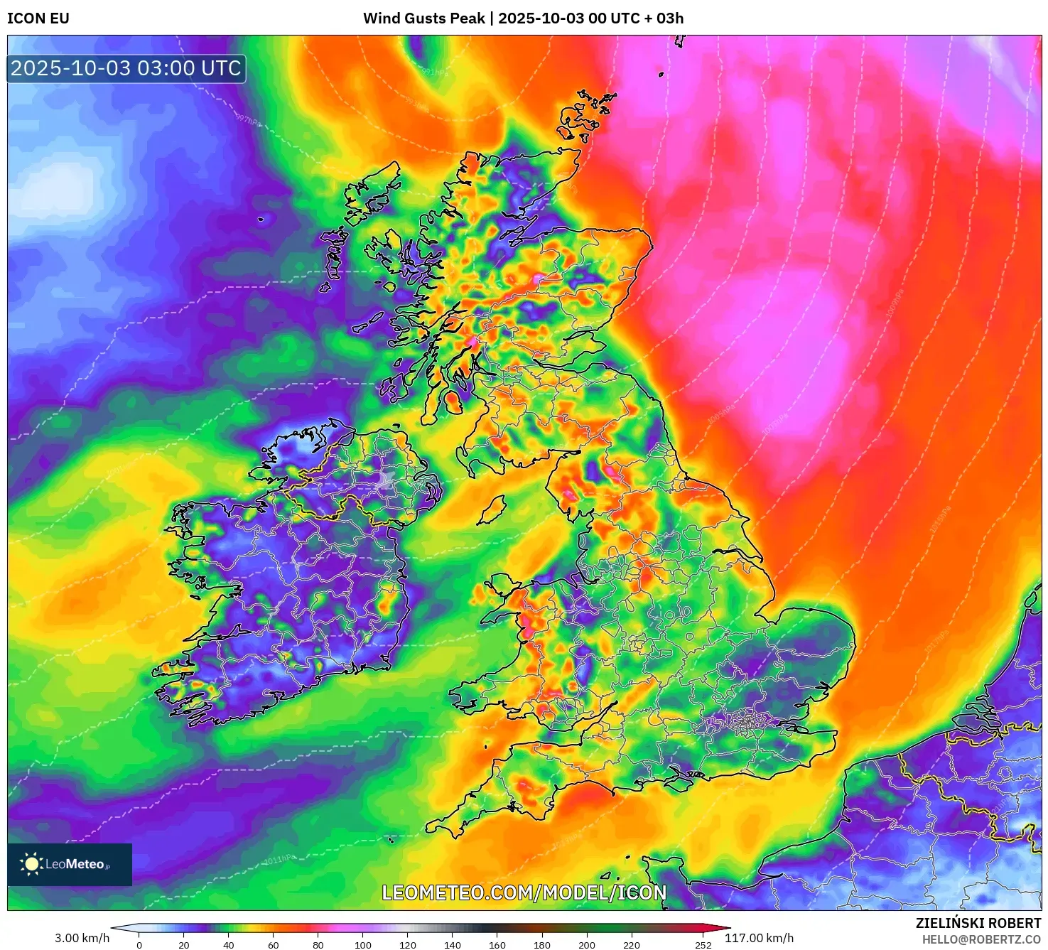 ICON model - United Kingdom, Wind Gusts Peak