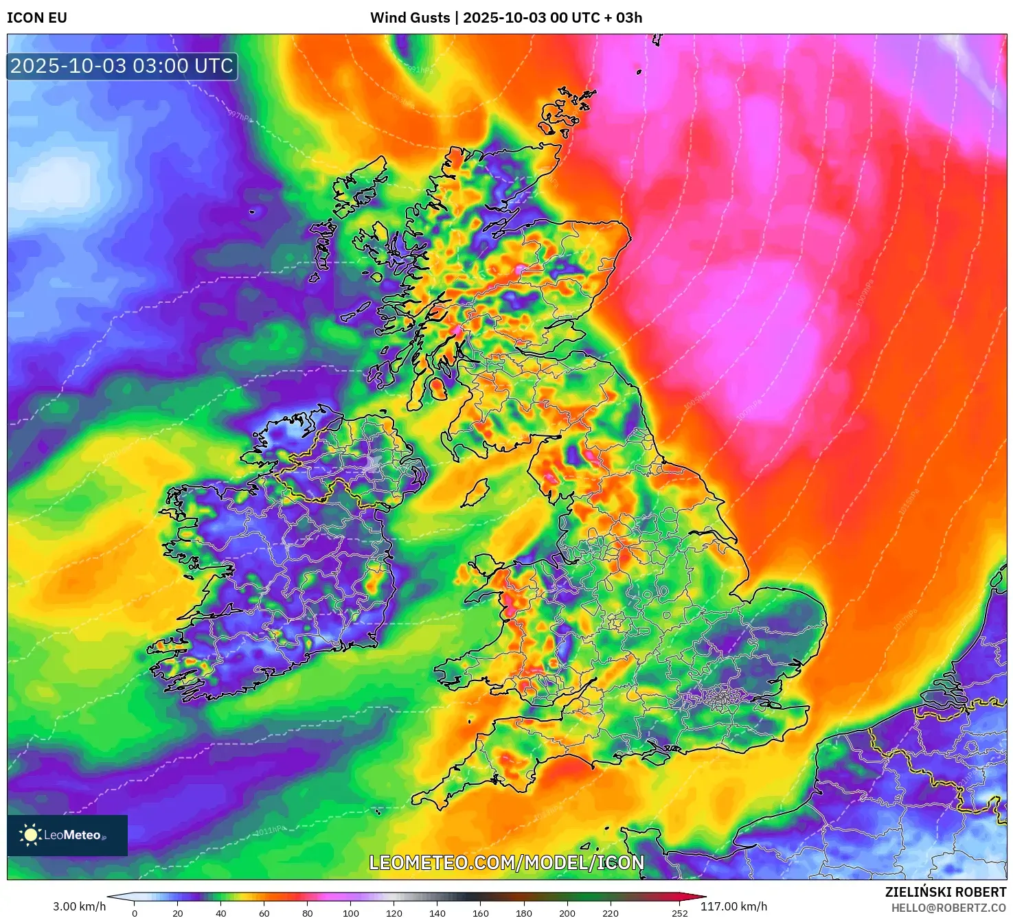 ICON model - United Kingdom, Wind Gusts