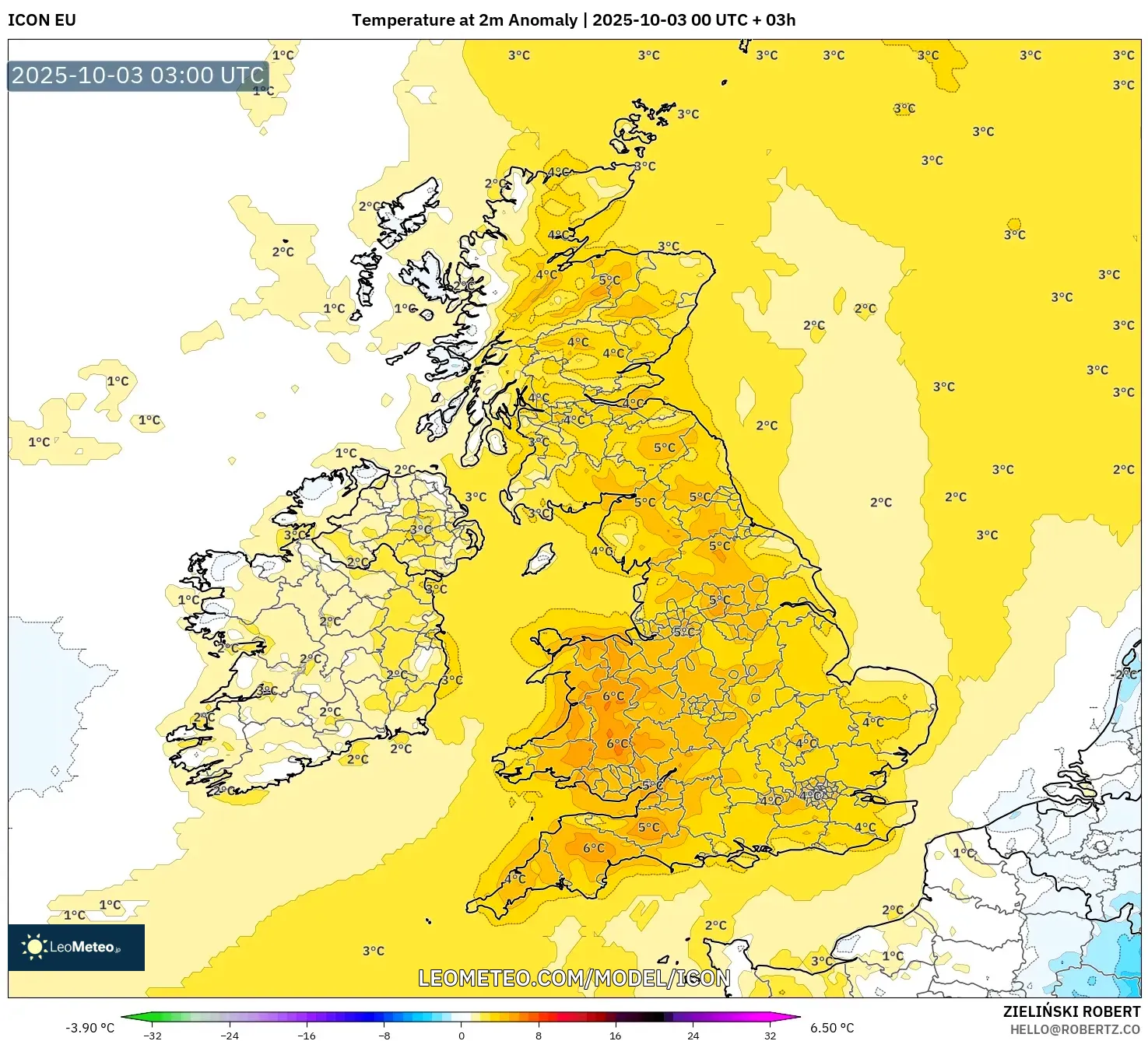 ICON model - United Kingdom, Temperature at 2m Anomaly