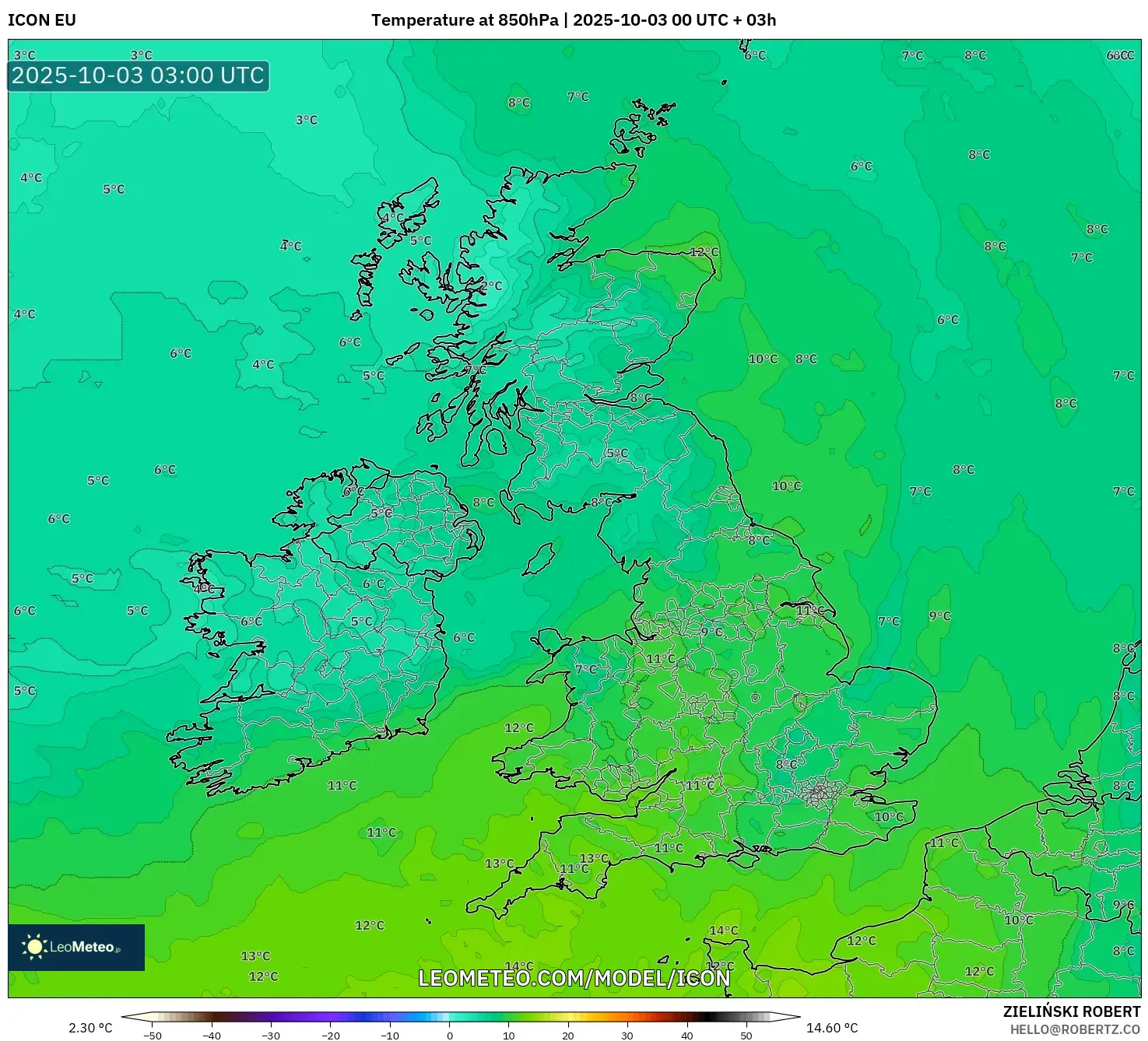 ICON model - United Kingdom, Temperature at 850hPa