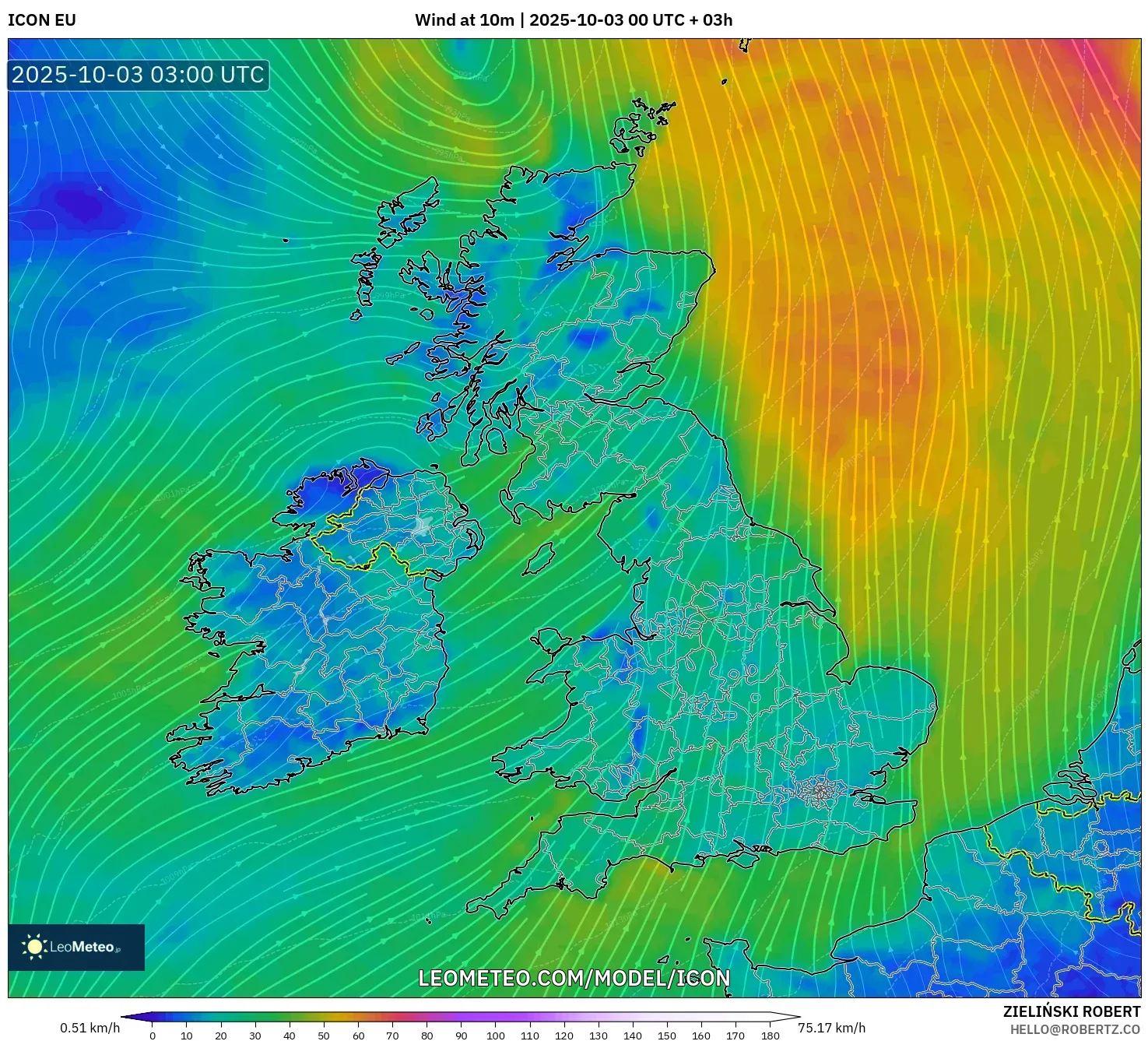 ICON model - United Kingdom, Wind at 10m