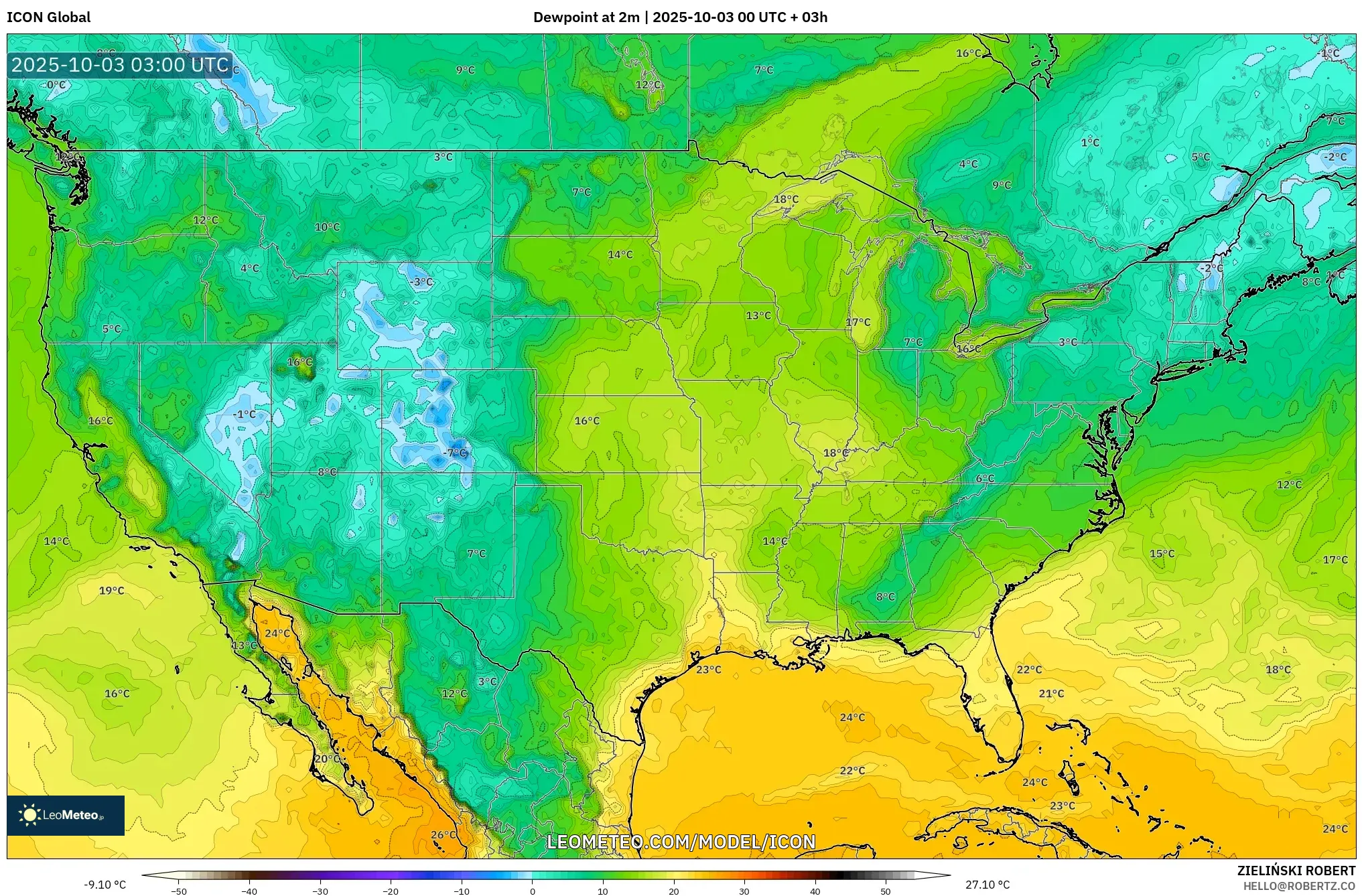 ICON model - United States, Dewpoint at 2m