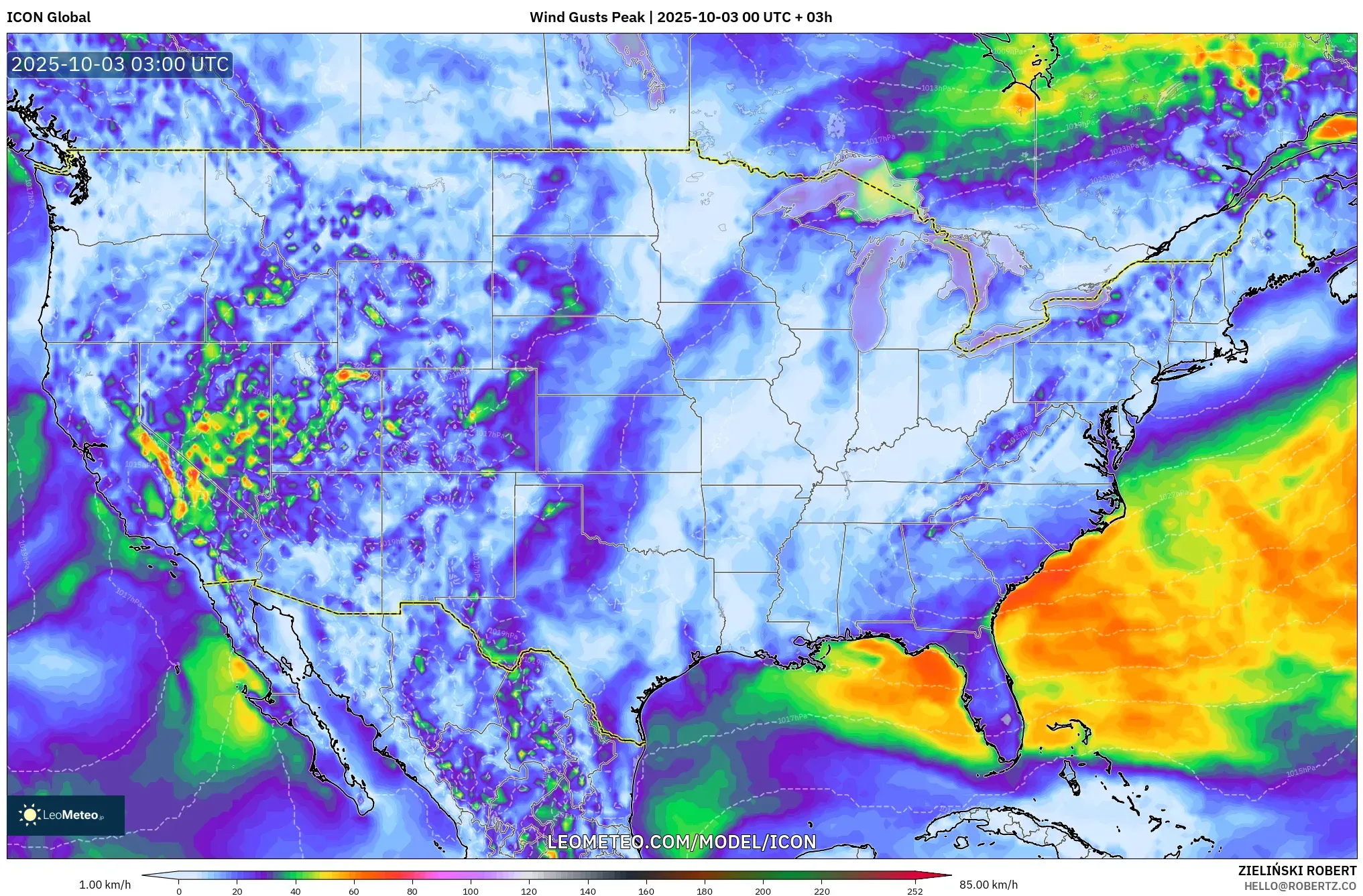 ICON model - United States, Wind Gusts Peak