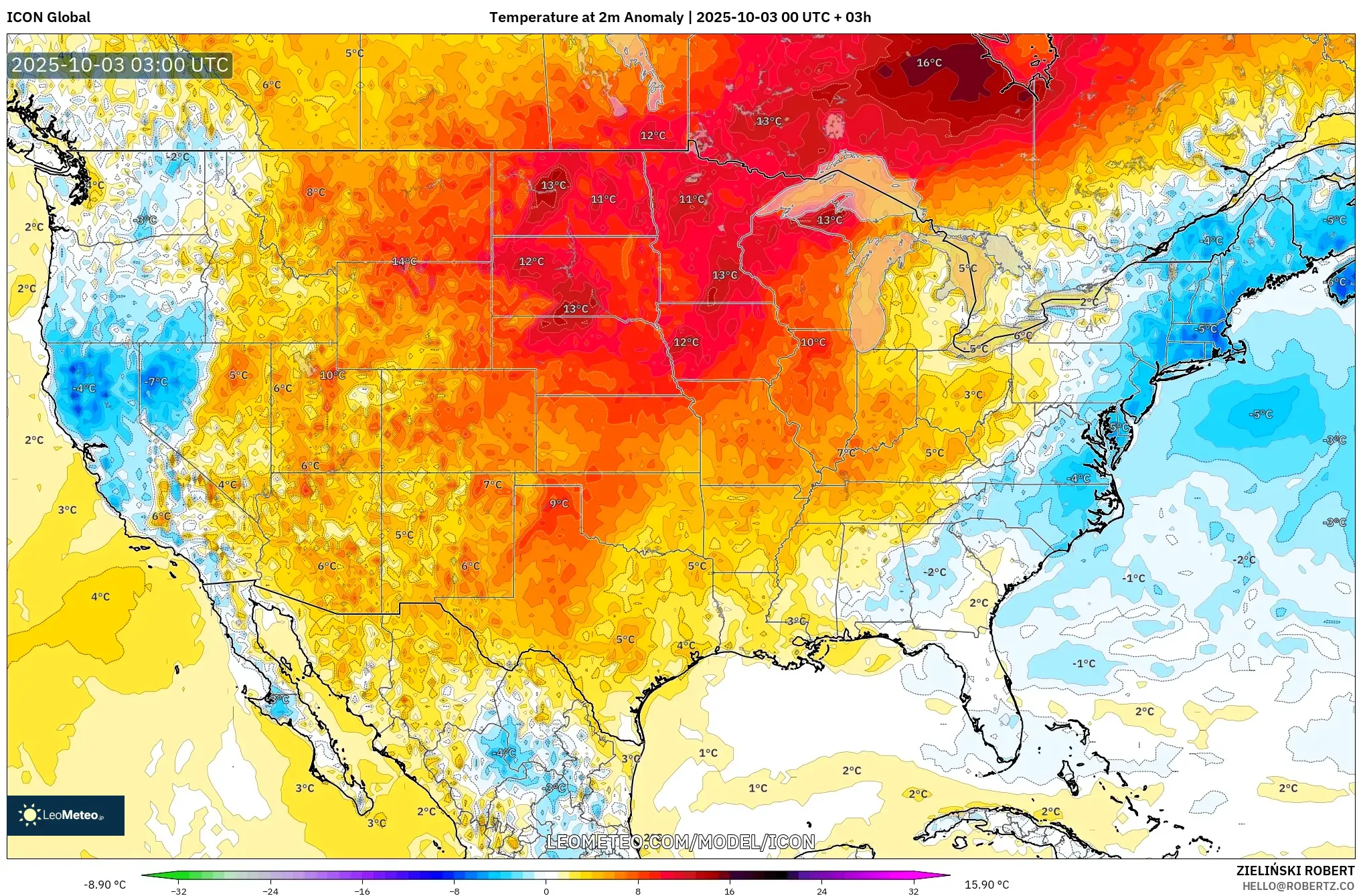 ICON model - United States, Temperature at 2m Anomaly