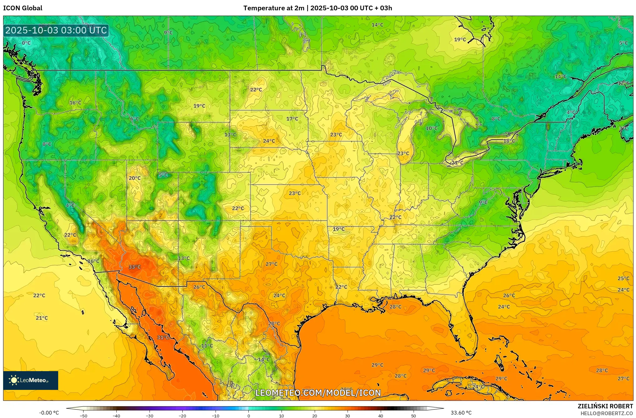 ICON model - United States, Temperature at 2m