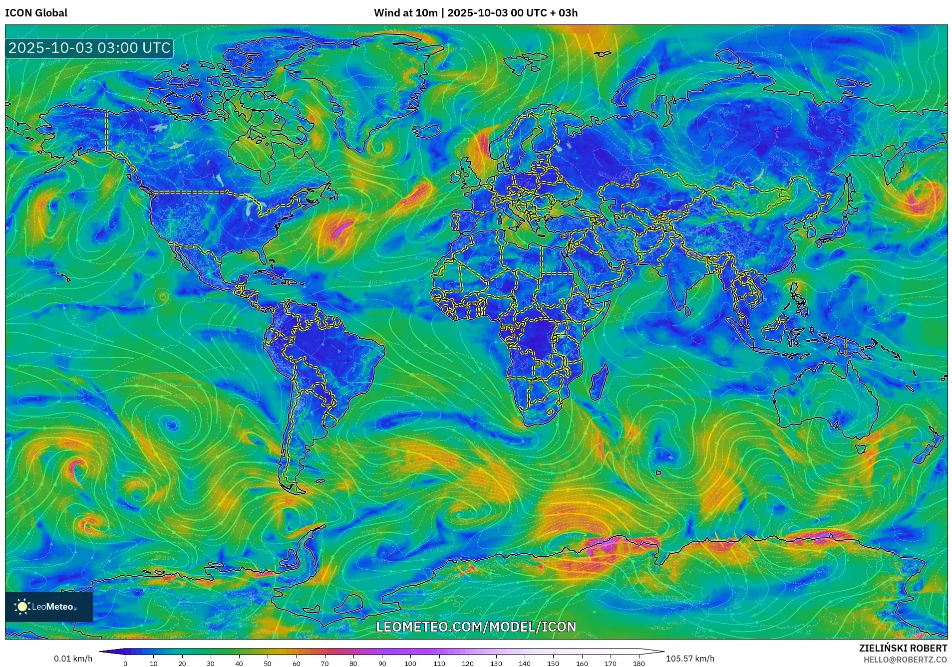 ICON model - World, Wind at 10m