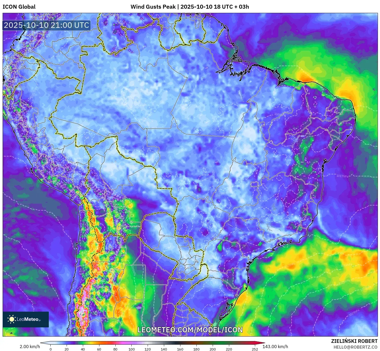 ICON model - Brazil, Wind Gusts Peak ICON model - Brazil, Wind Gusts Peak