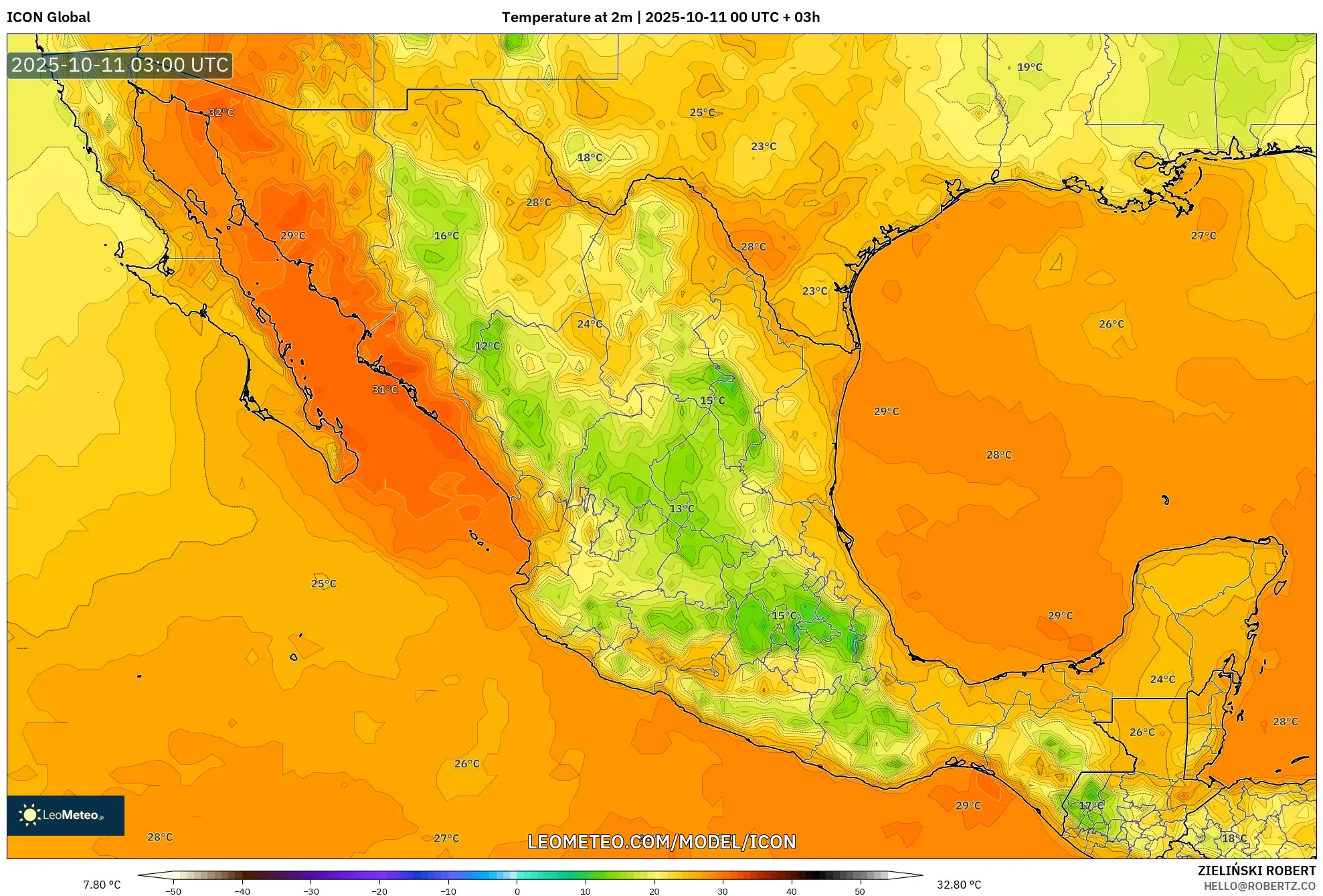 ICON model - Mexico, Temperature at 2m ICON model - Mexico, Temperature at 2m