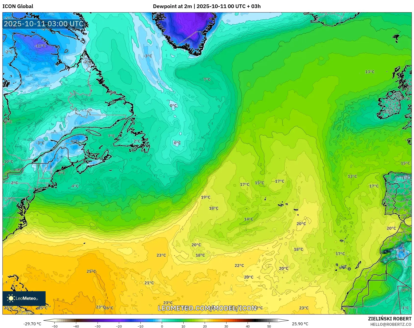 ICON model - North Atlantic, Dewpoint at 2m ICON model - North Atlantic, Dewpoint at 2m
