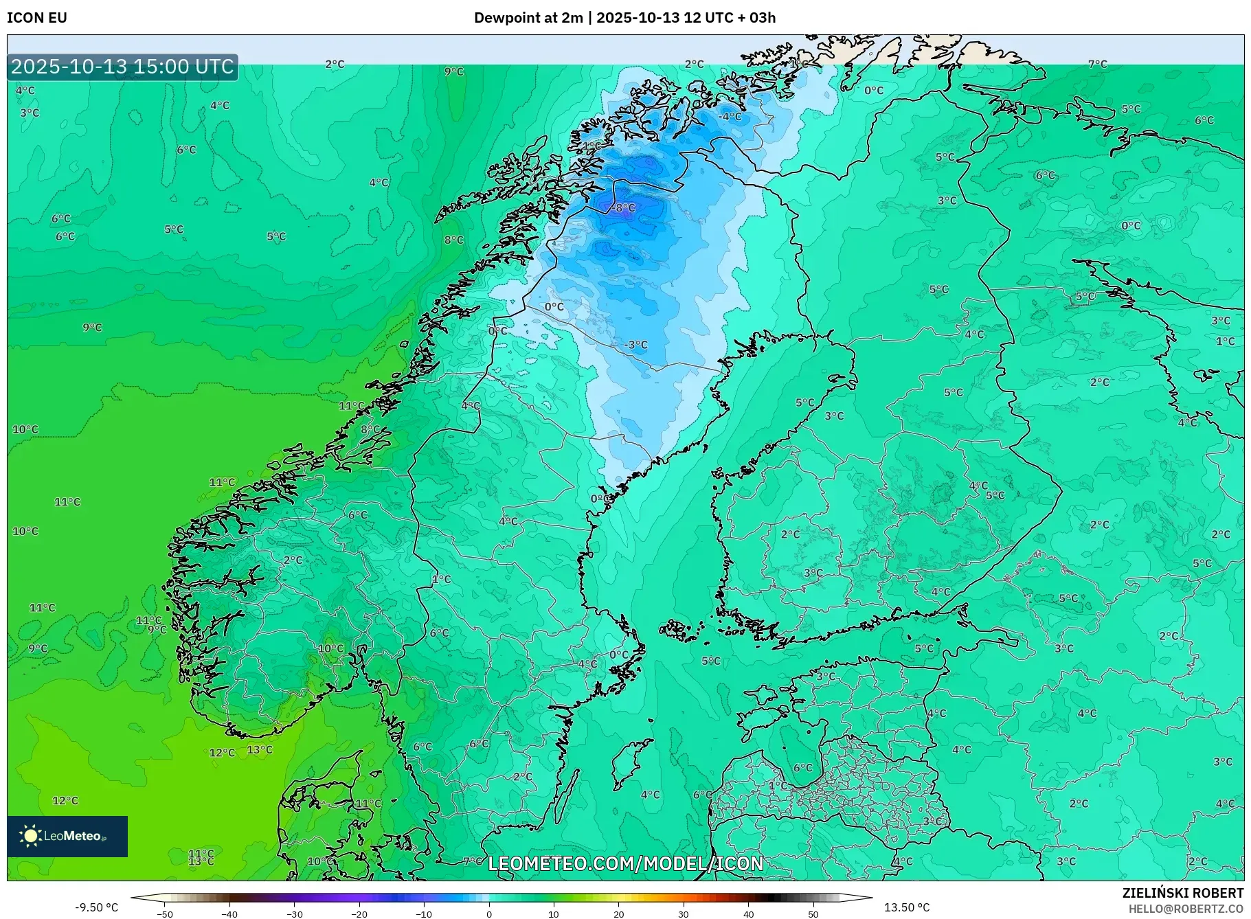 ICON model - Scandinavia, Dewpoint at 2m ICON model - Scandinavia, Dewpoint at 2m