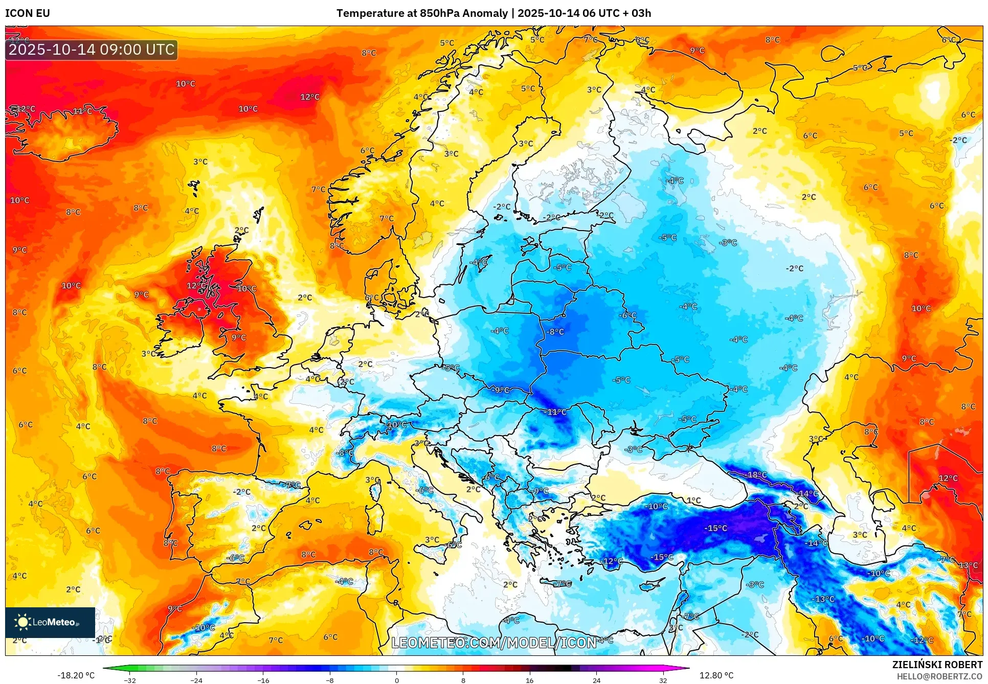 ICON model - Europe, Temperature at 850hPa Anomaly ICON model - Europe, Temperature at 850hPa Anomaly