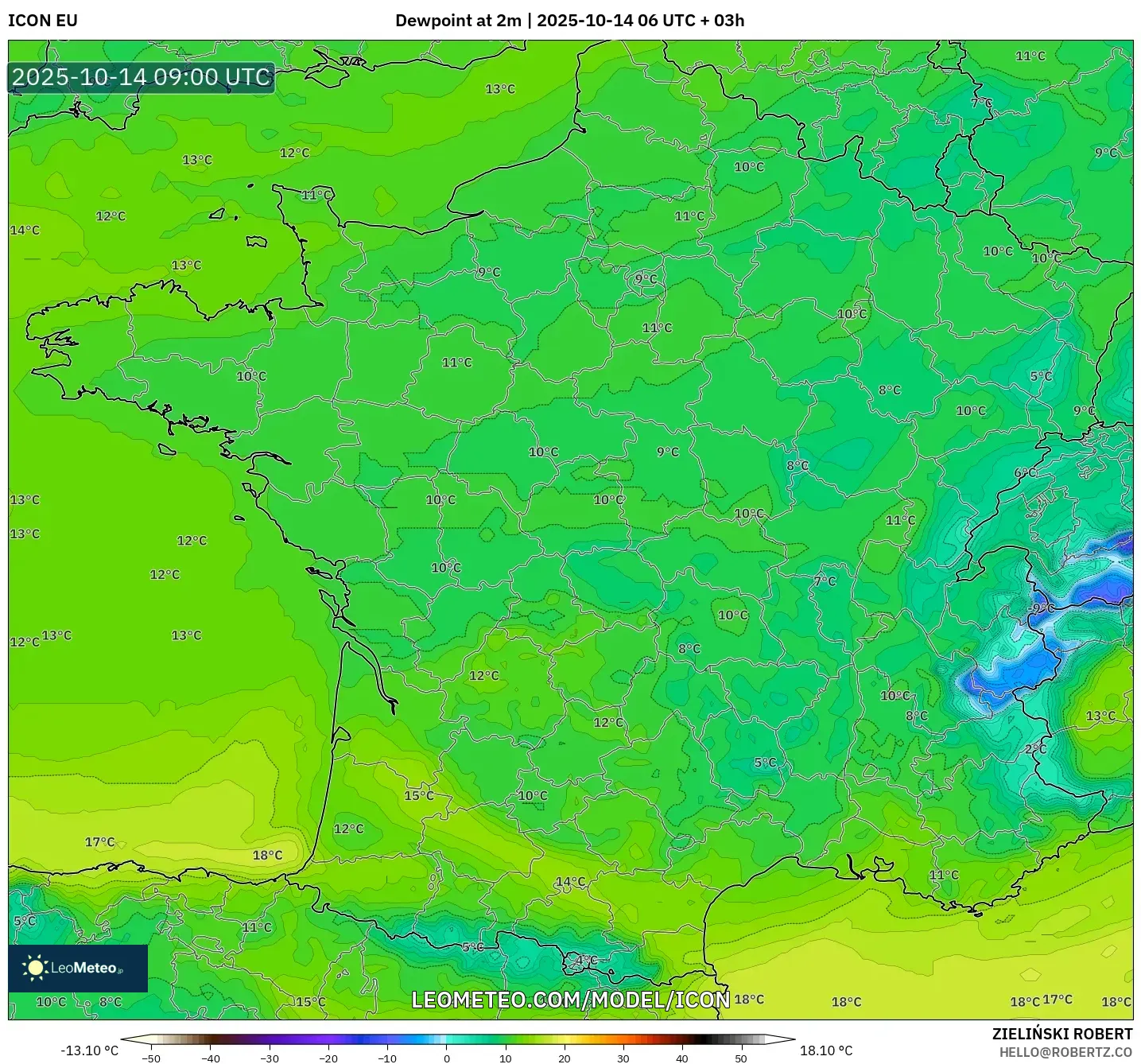 ICON model - France, Dewpoint at 2m ICON model - France, Dewpoint at 2m