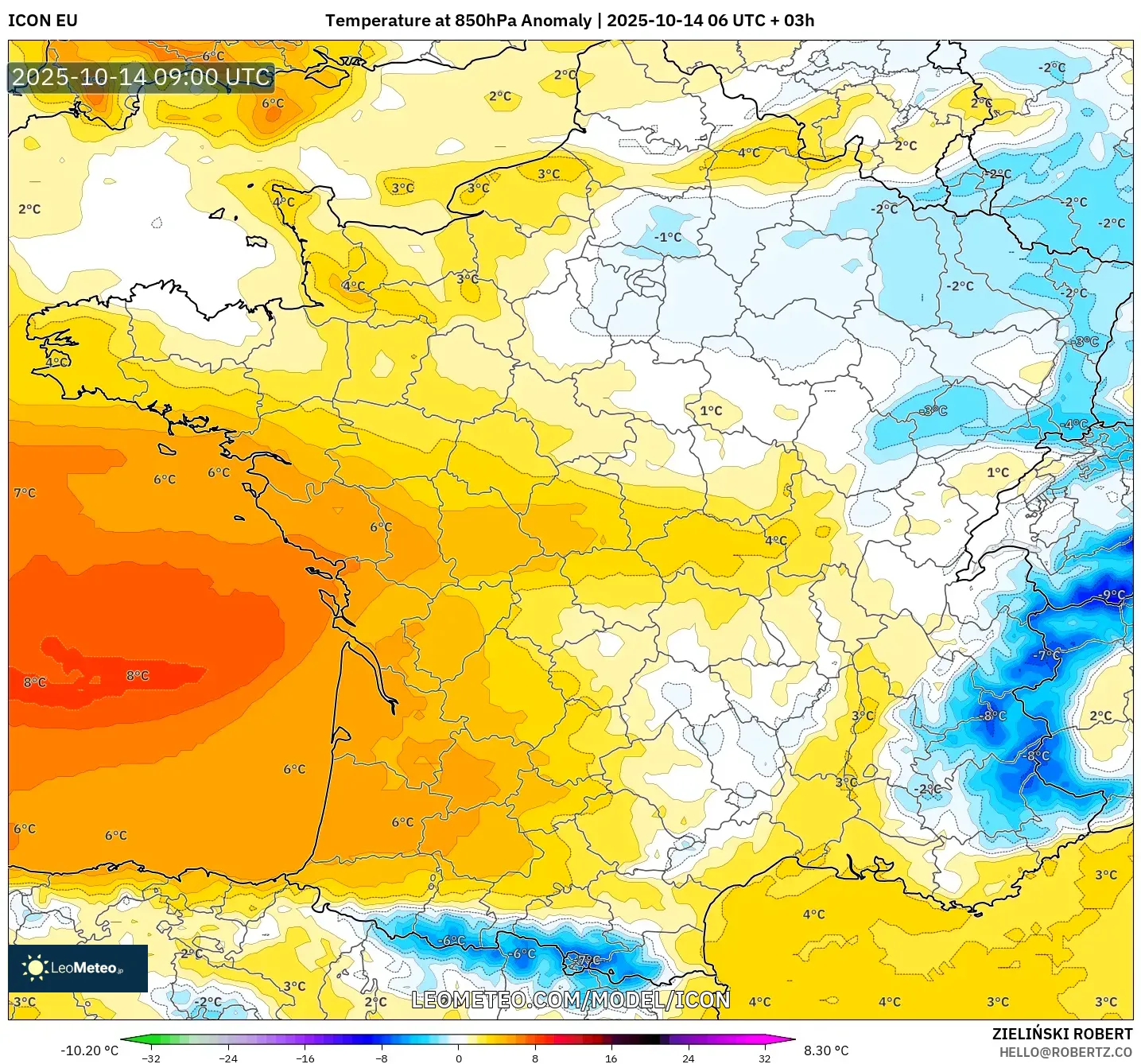 ICON model - France, Temperature at 850hPa Anomaly ICON model - France, Temperature at 850hPa Anomaly