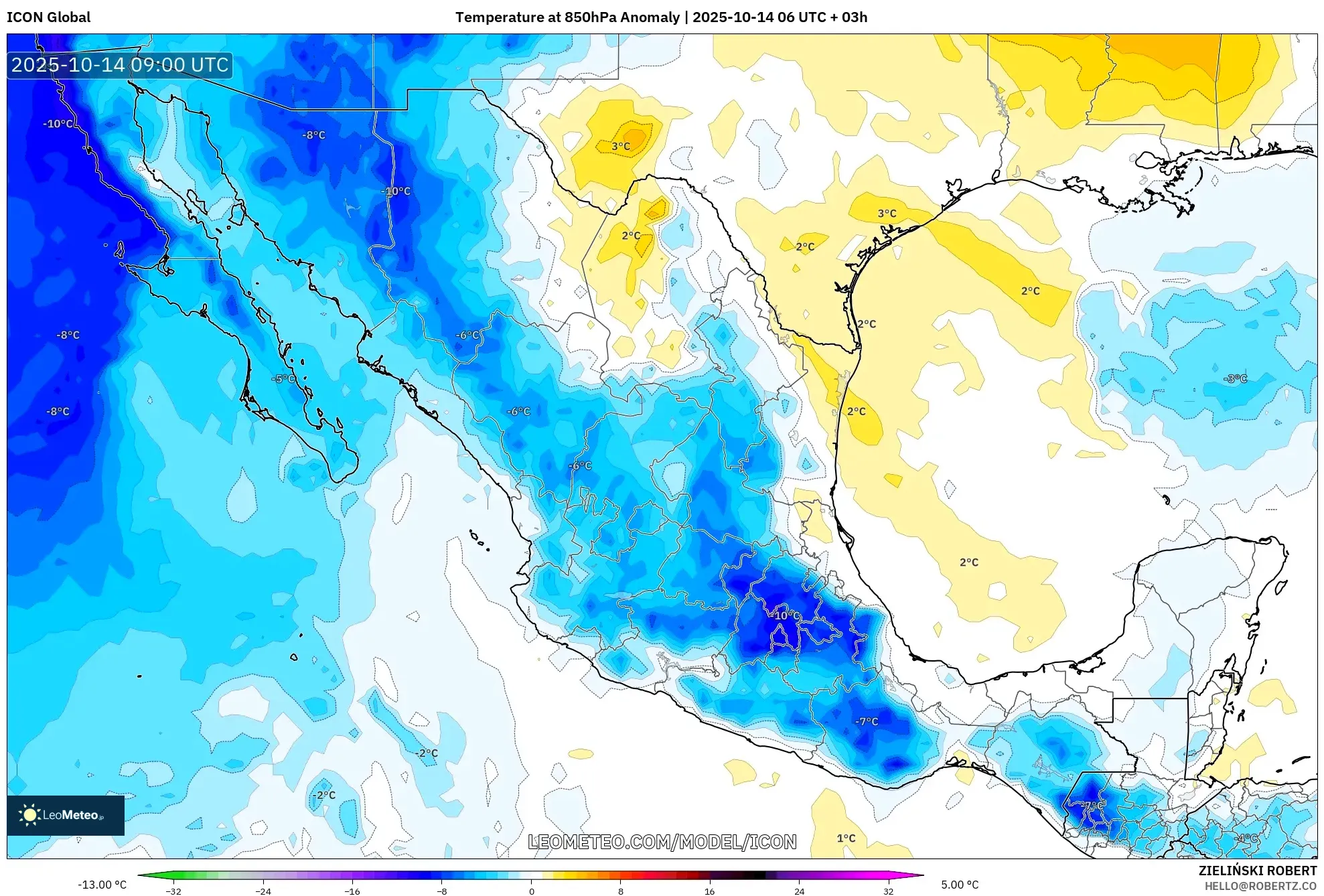 ICON model - Mexico, Temperature at 850hPa Anomaly ICON model - Mexico, Temperature at 850hPa Anomaly