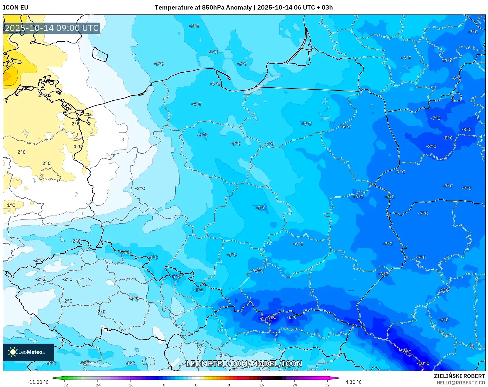 ICON model - Poland, Temperature at 850hPa Anomaly ICON model - Poland, Temperature at 850hPa Anomaly