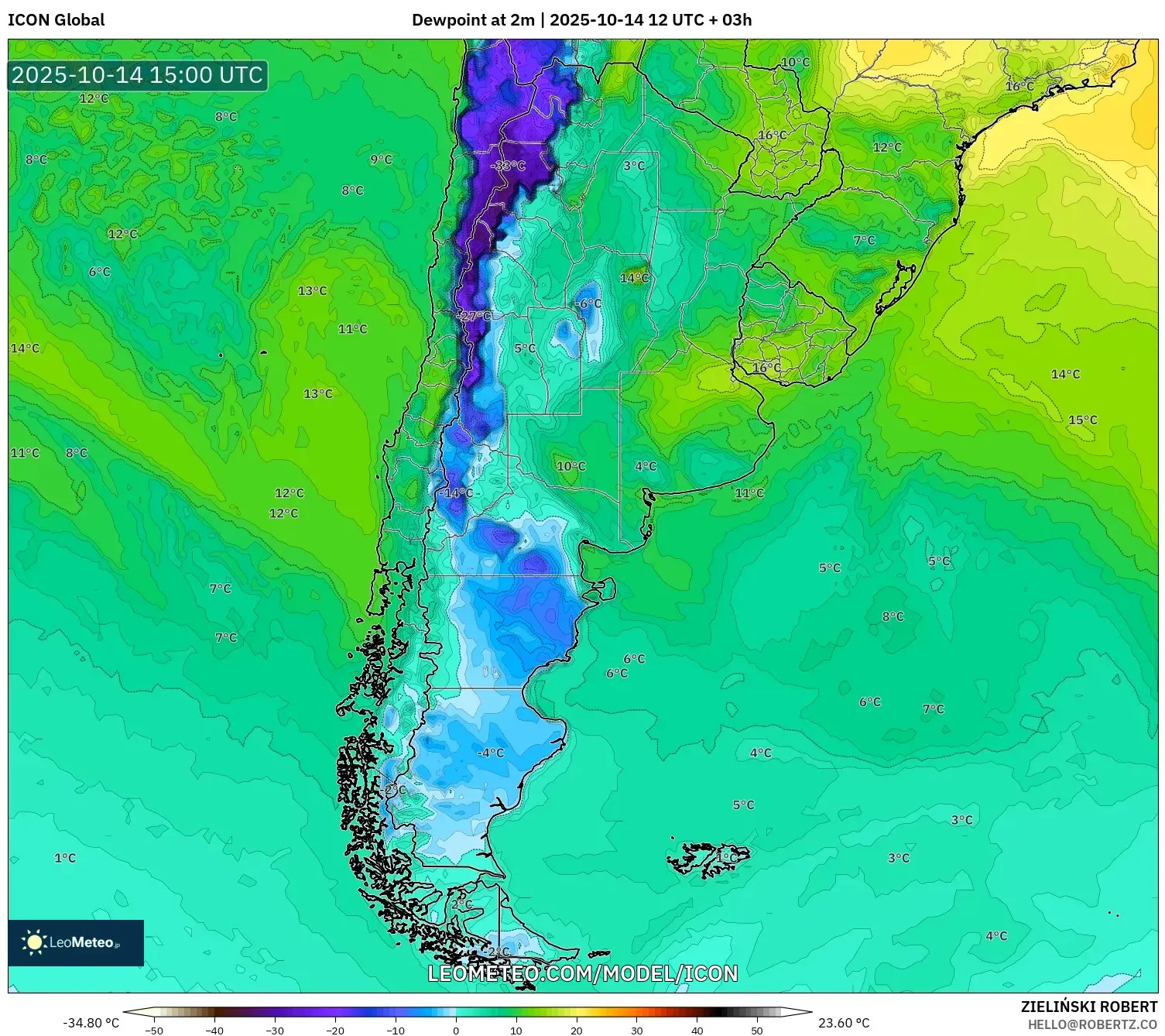 ICON model - Argentina, Dewpoint at 2m ICON model - Argentina, Dewpoint at 2m
